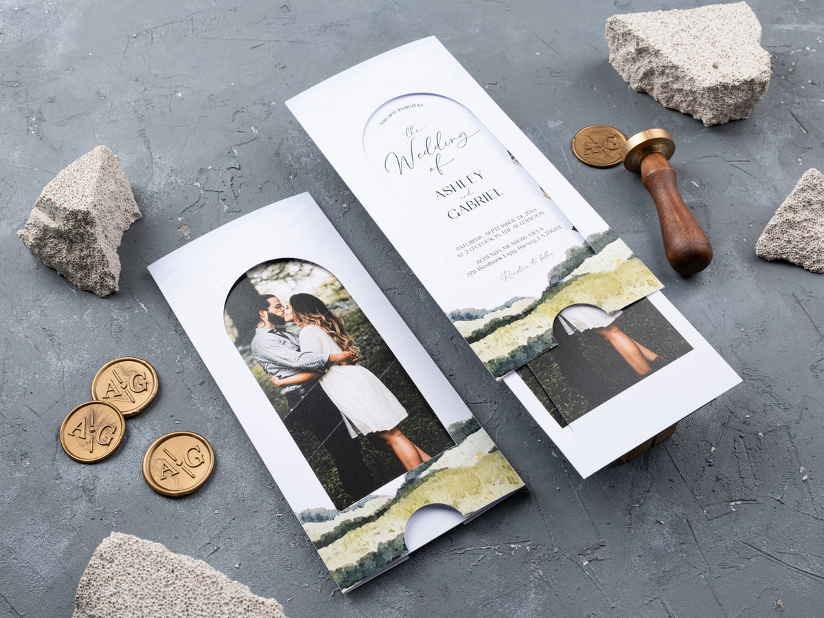 Photo slide wedding invitation with a photo-led front and removable inner card