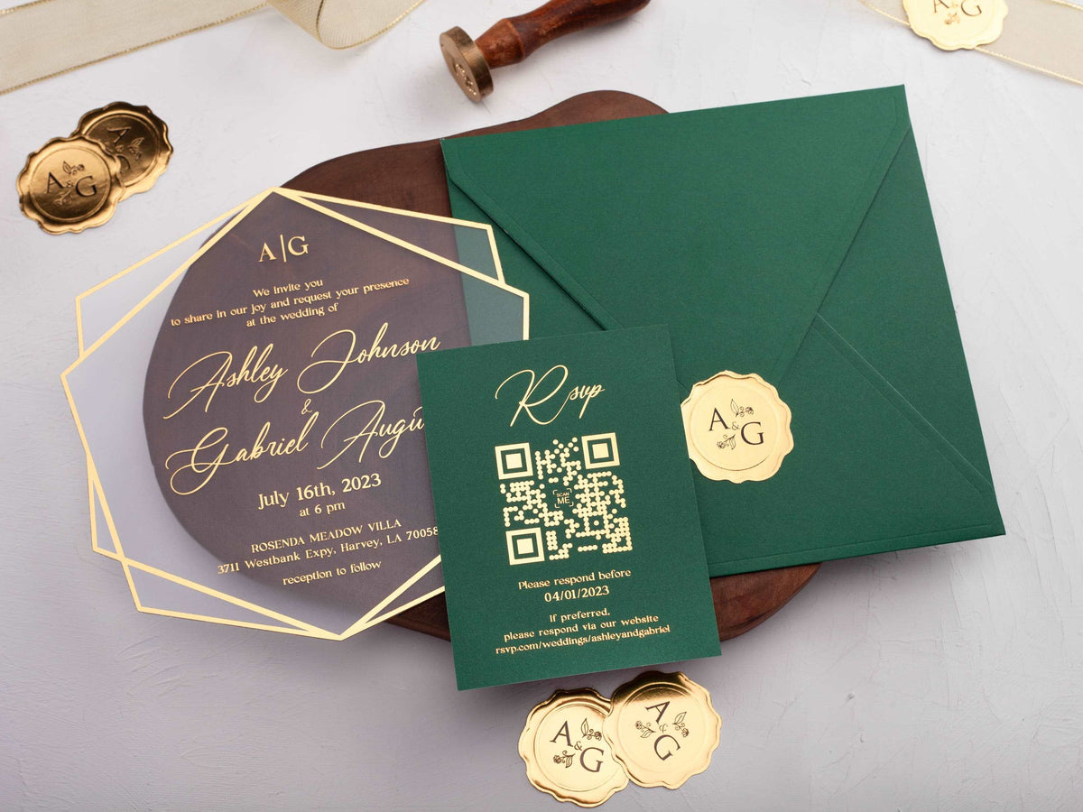 Emerald green acrylic wedding invitation with gold foil lettering