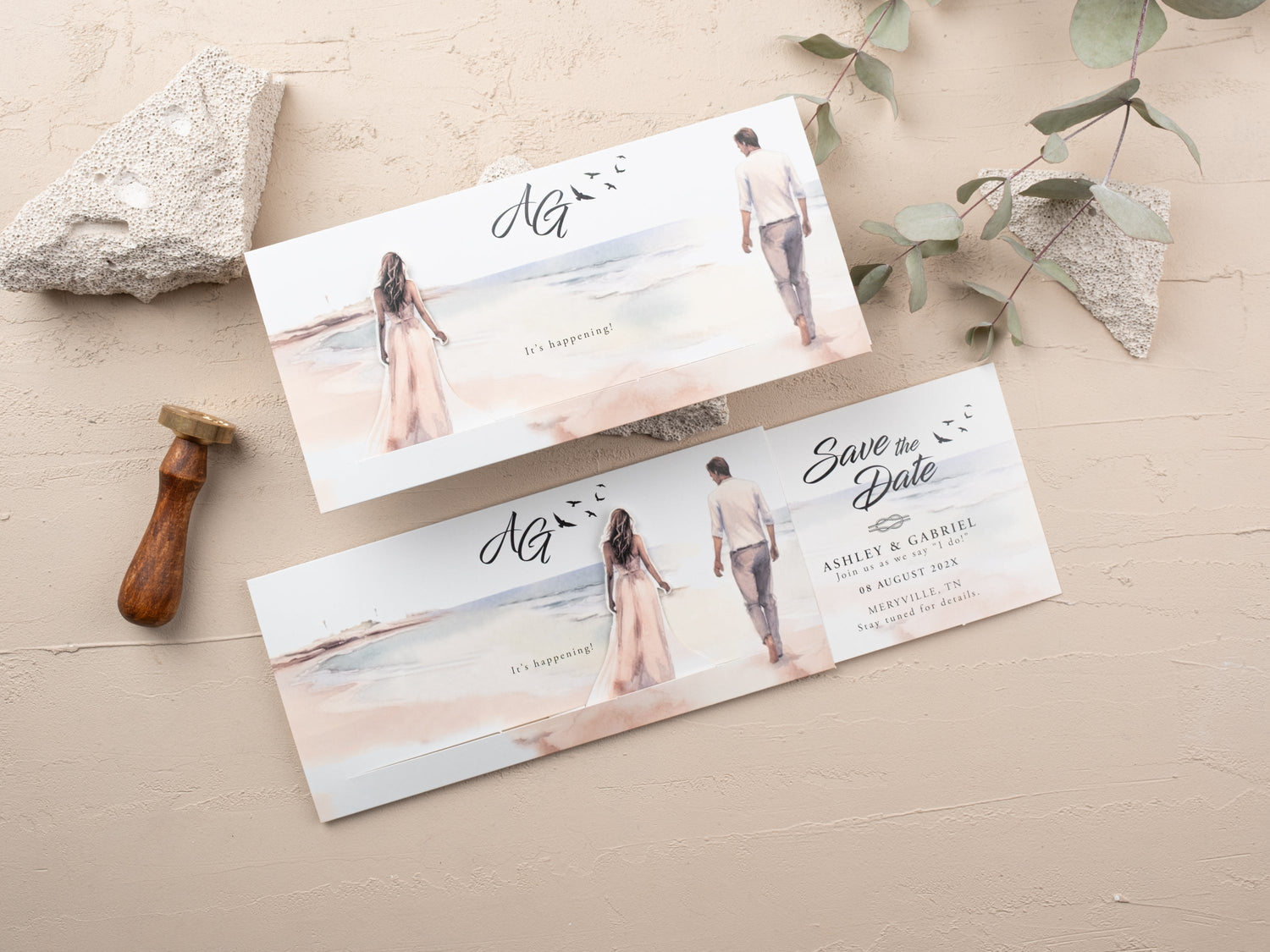 Beach wedding invitation ideas featuring romantic watercolor design with couple illustration and coastal charm for 2025 celebrations