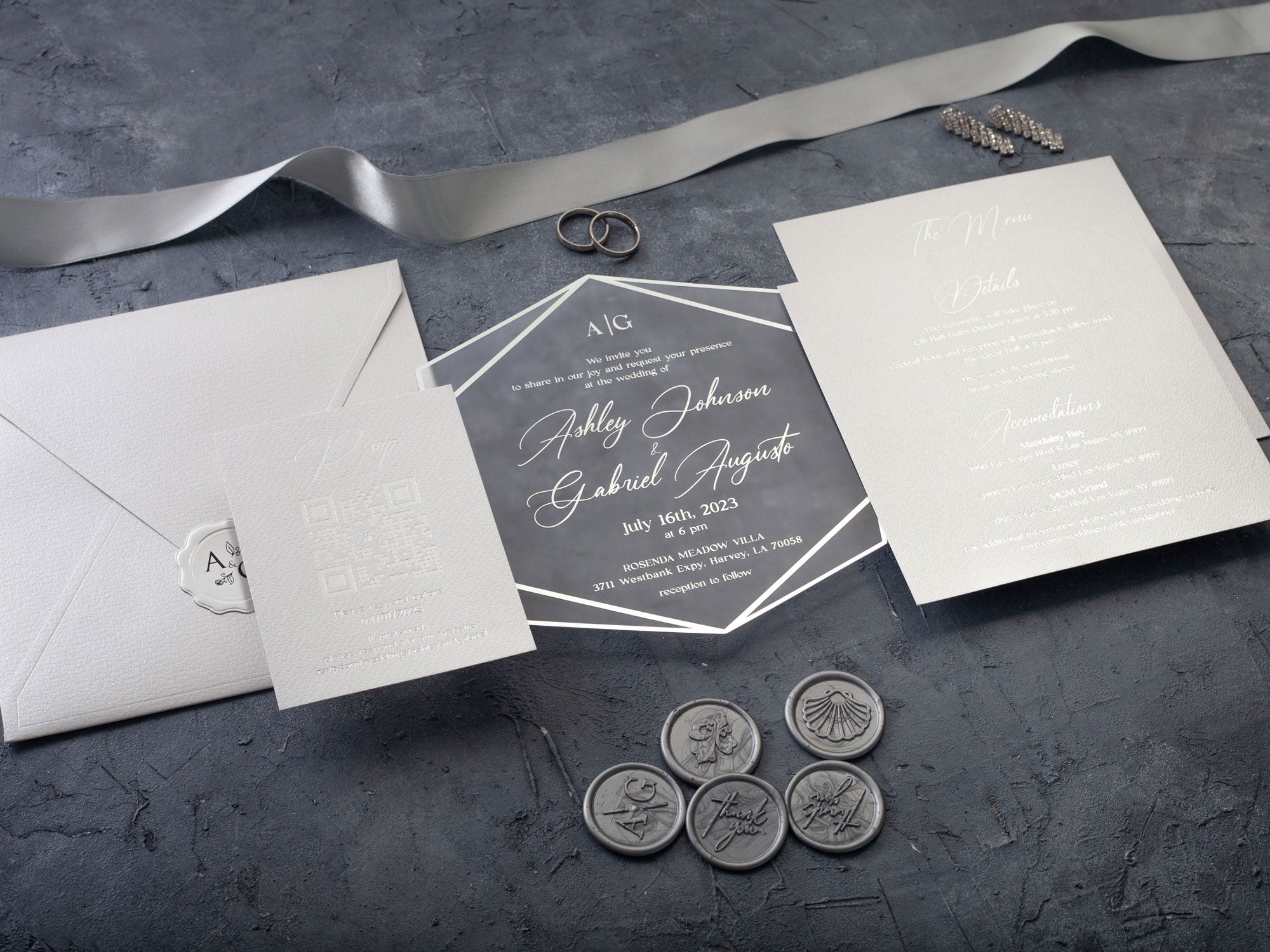 White and silver foil printed wedding invitations with RSVP cards