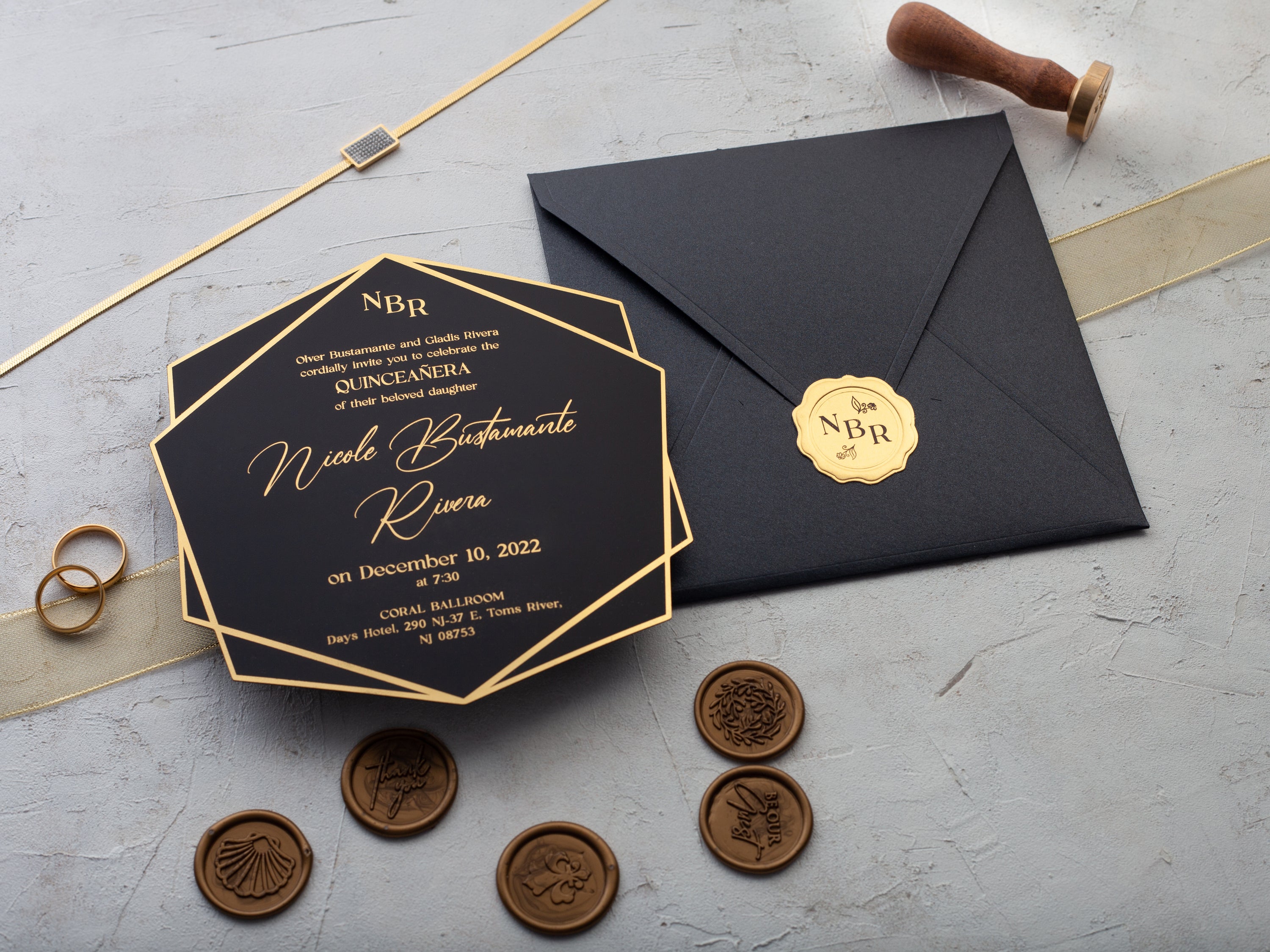 Black and gold Quinceañera Invitation