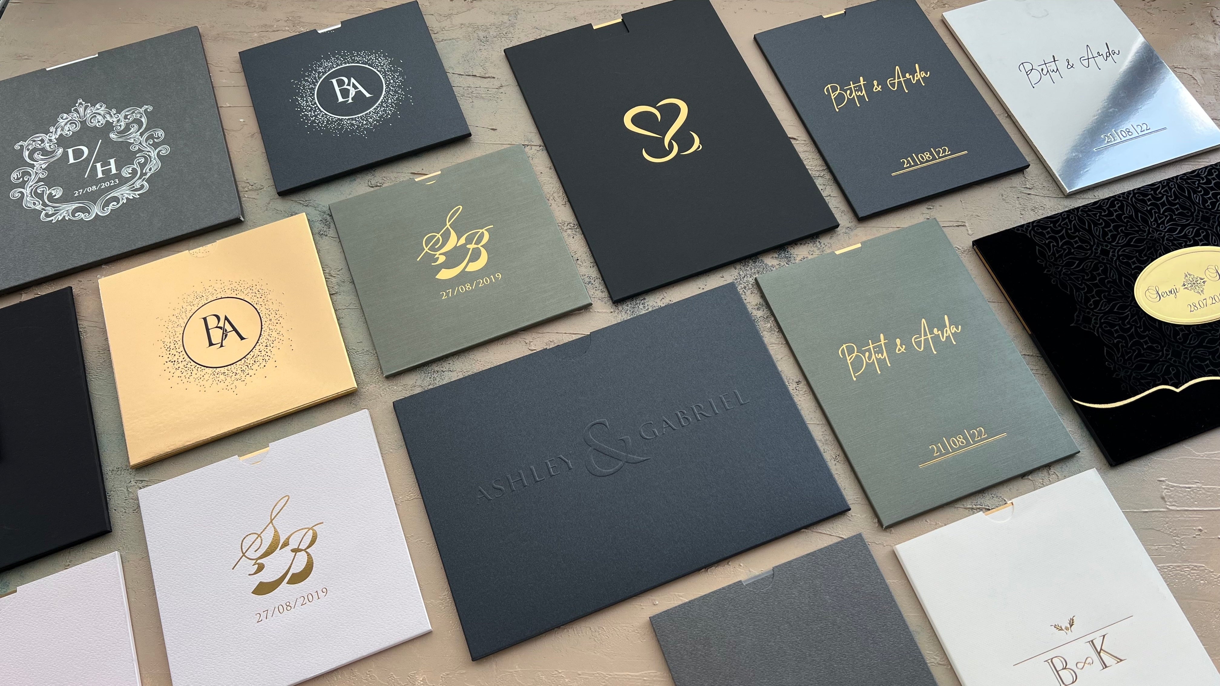 Gold foil wedding invitations with embossed details and personalized text