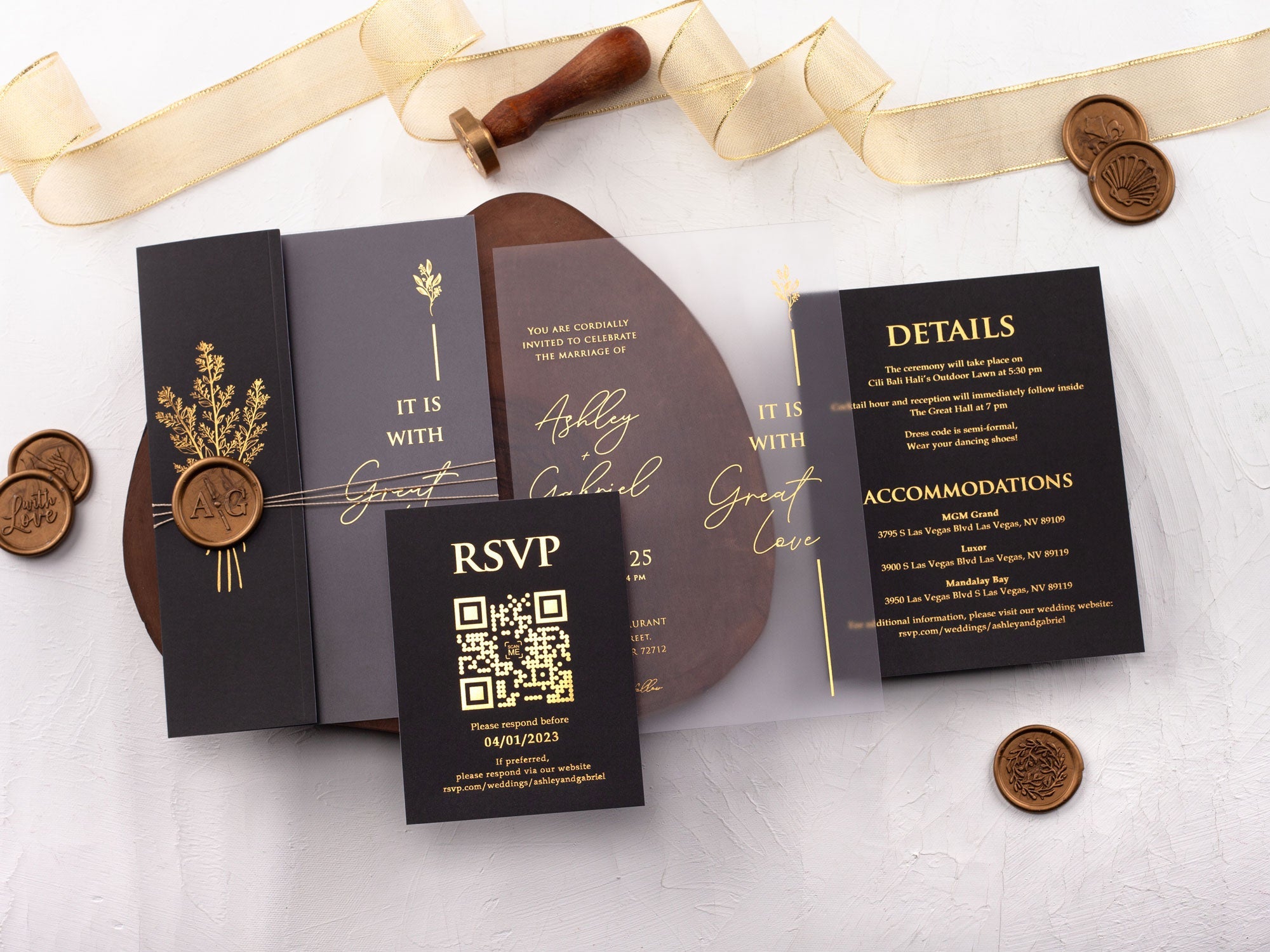 Black and gold foil printed wedding invitations with RSVP card, Details Card