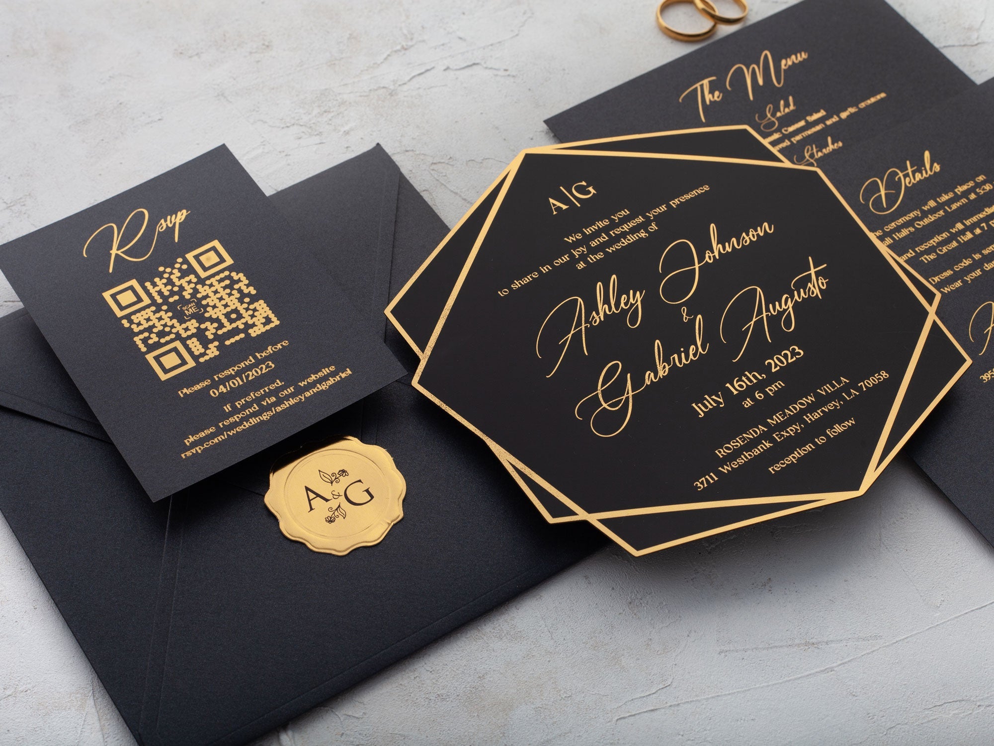 Modern black and gold foil wedding invitation with minimalist design