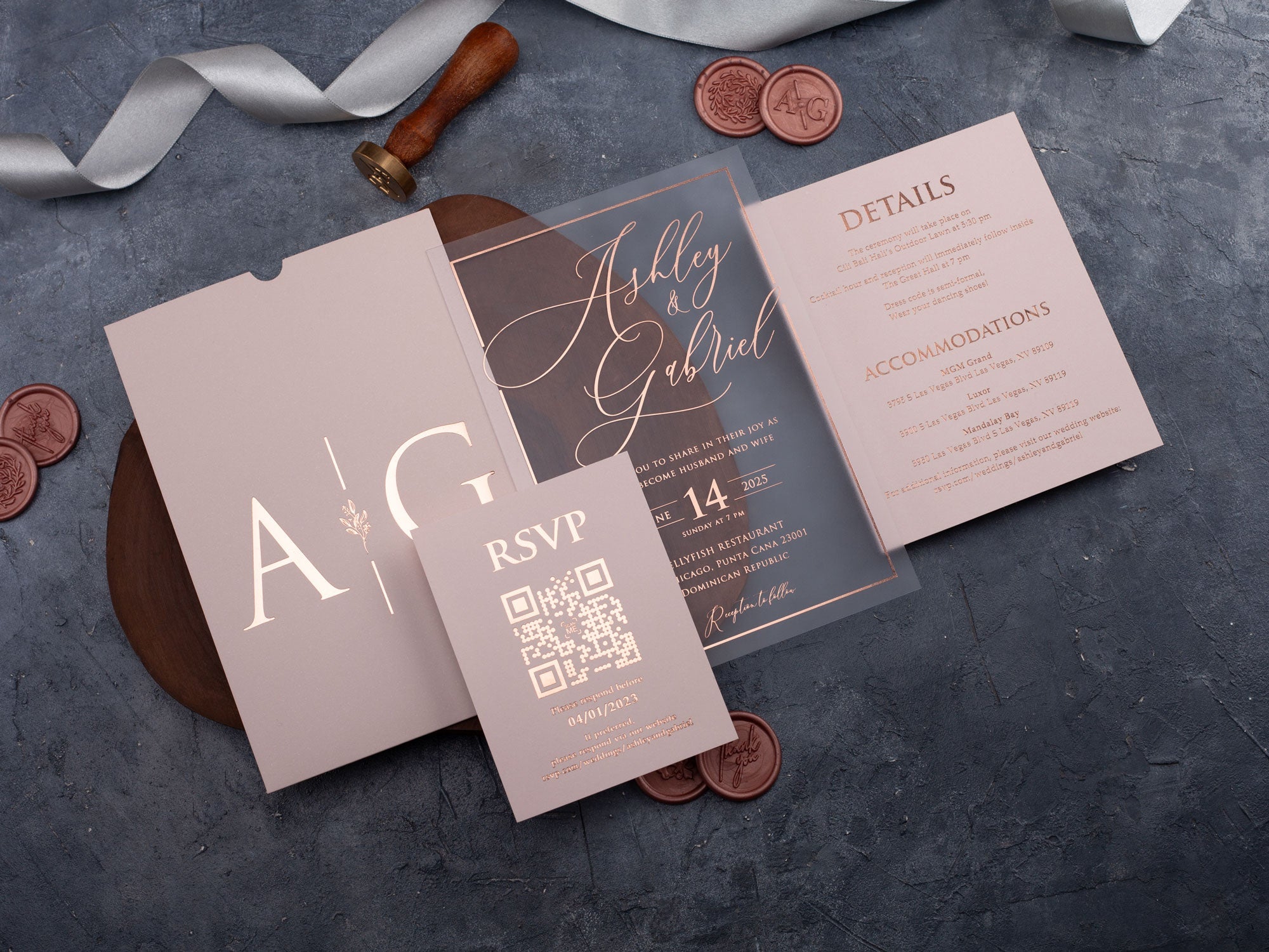 Blush pink and rose gold foil wedding invitation with custom text
