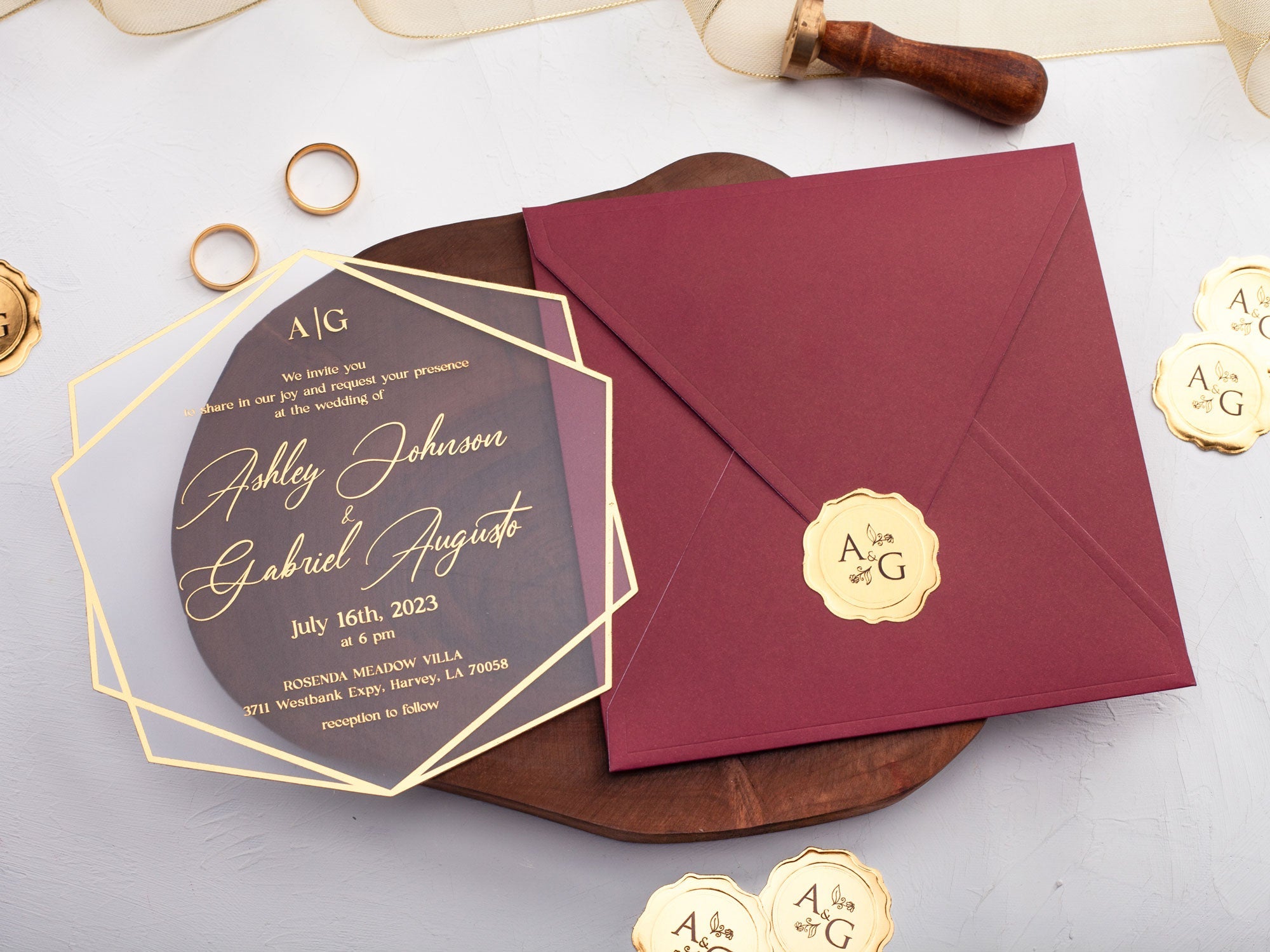 Modern burgundy and gold foil wedding invitation with minimalist design