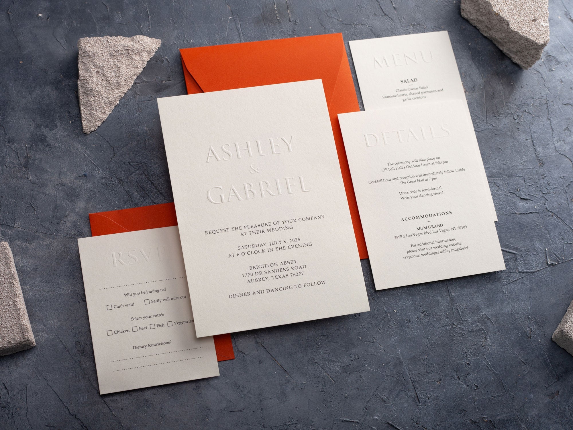 Embossed wedding invitation Set and Burnt Orange Envelope with personalized details