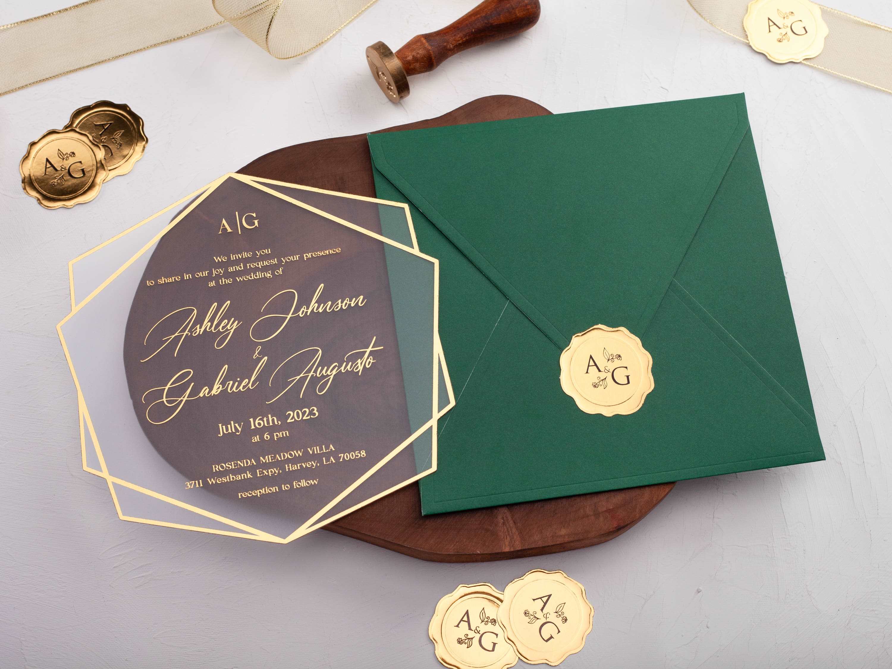 Modern emerald green and gold foil wedding invitation with minimalist design