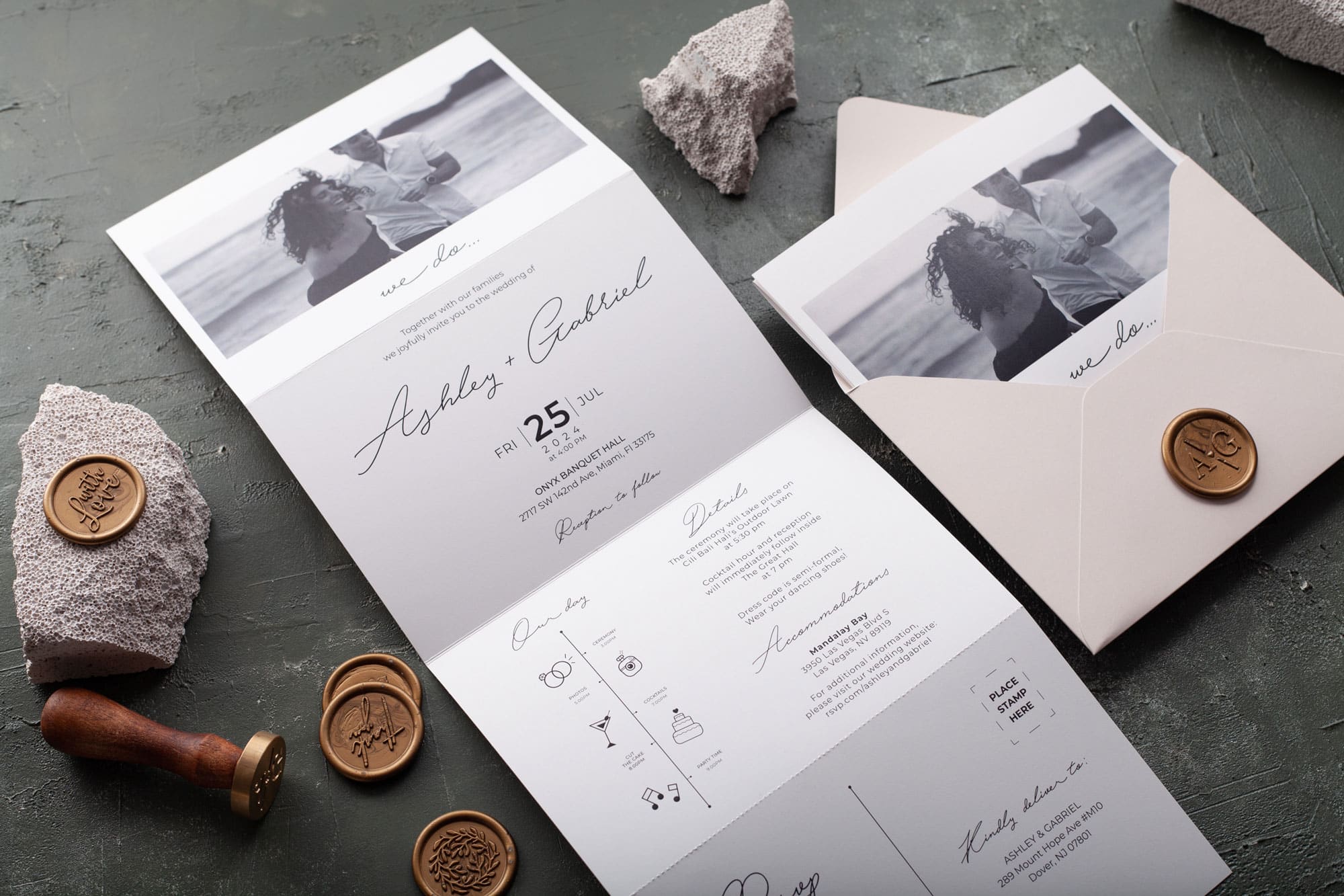 Folded wedding invitation with photo