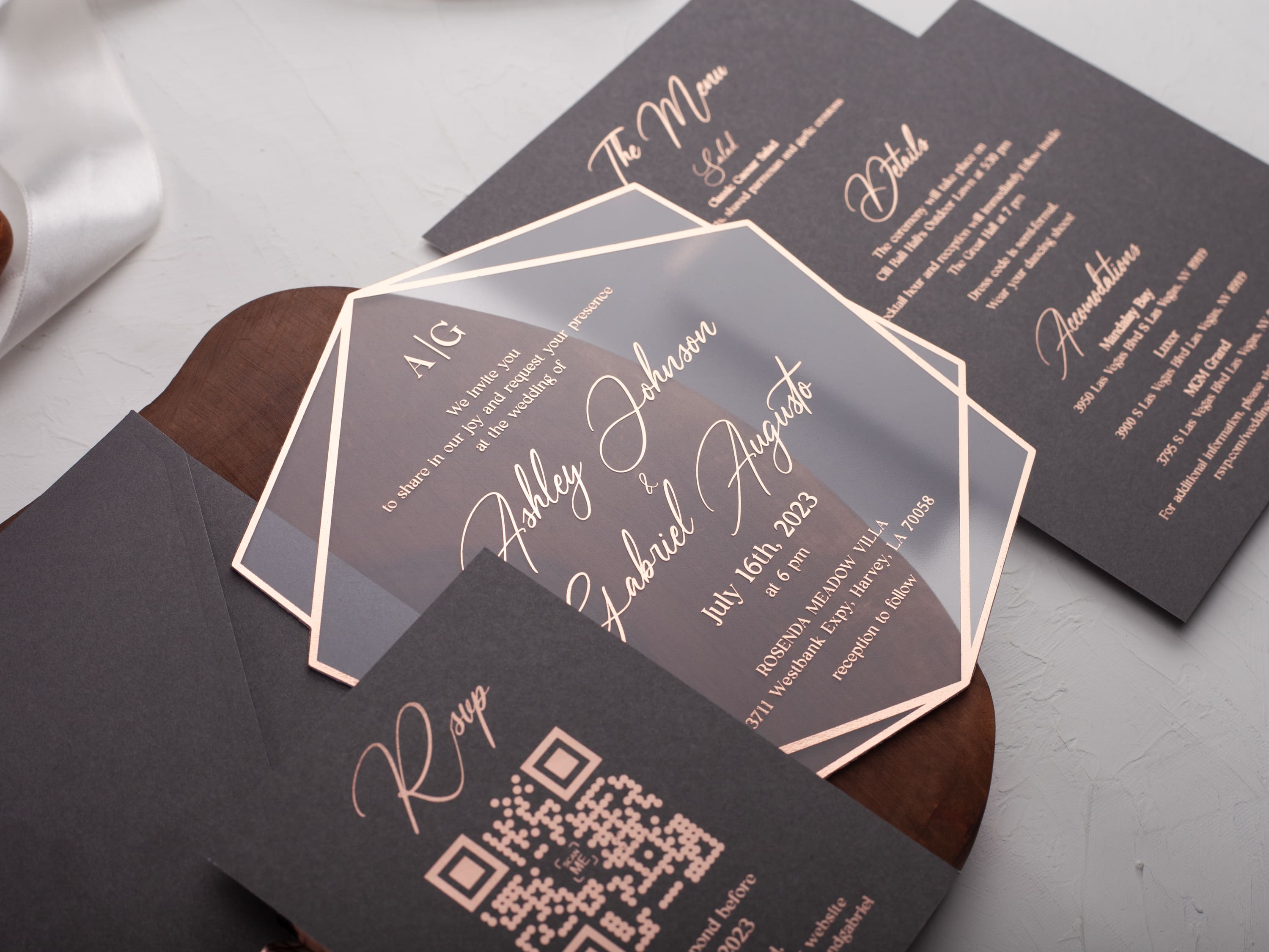 Rose Gold Foil Printed Acrylic Invitation with Gray Envelope