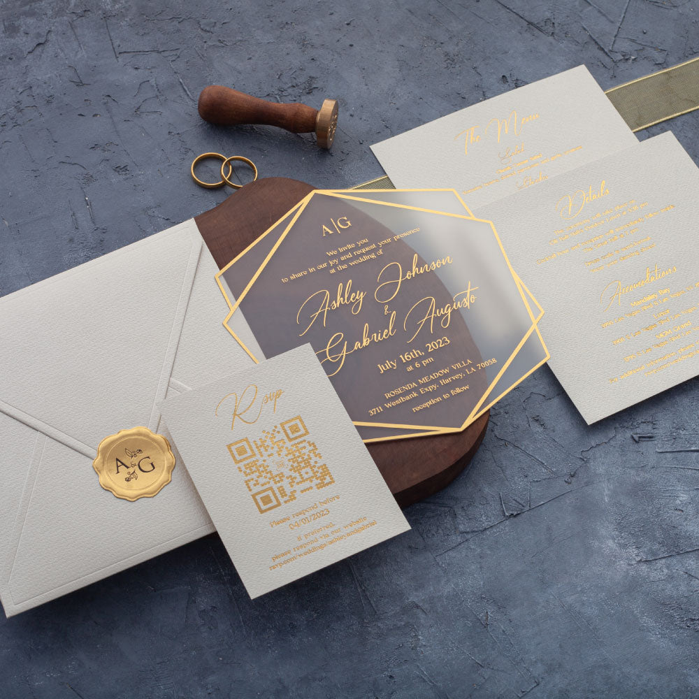 Modern ivory and gold foil wedding invitation with minimalist design