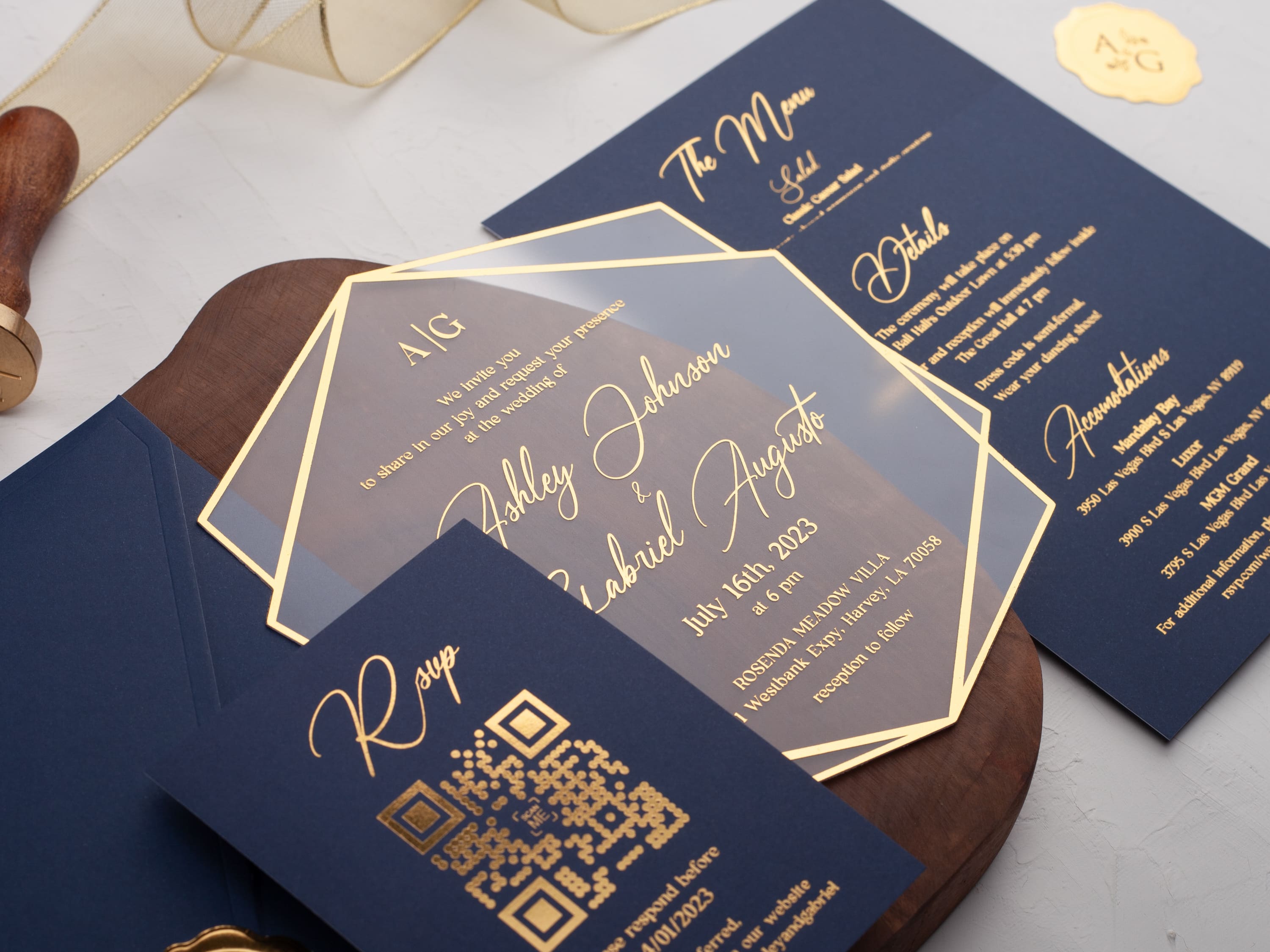 Classic navy blue and gold wedding invitation with ornate detailing