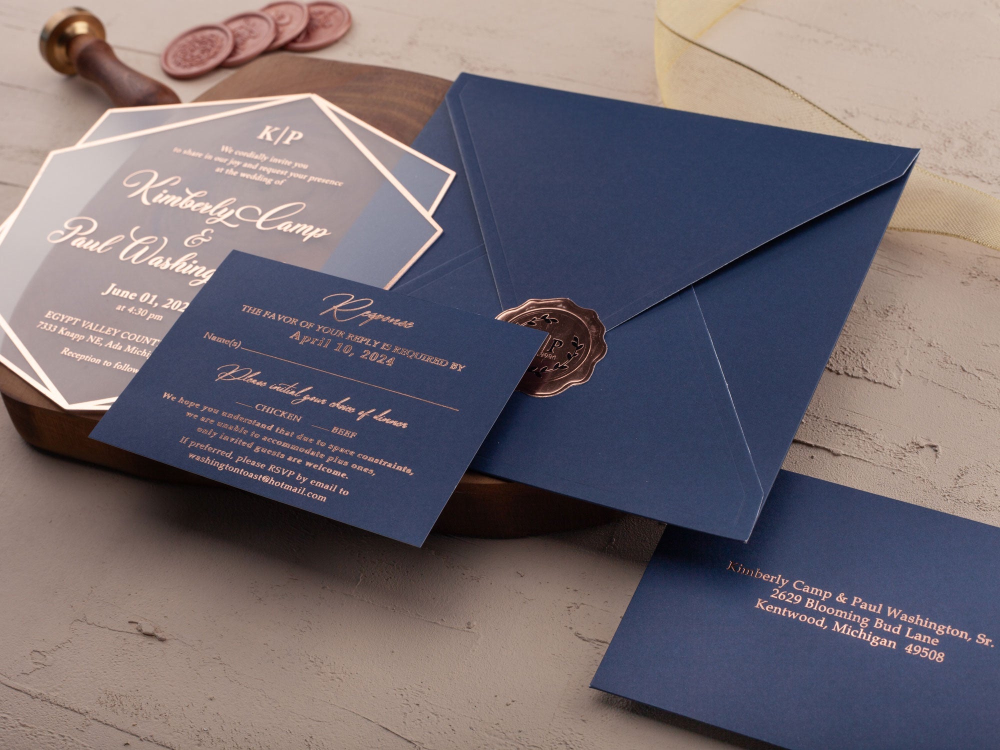 Navy Blue and Rose Gold Acrylic Wedding Invitation Set