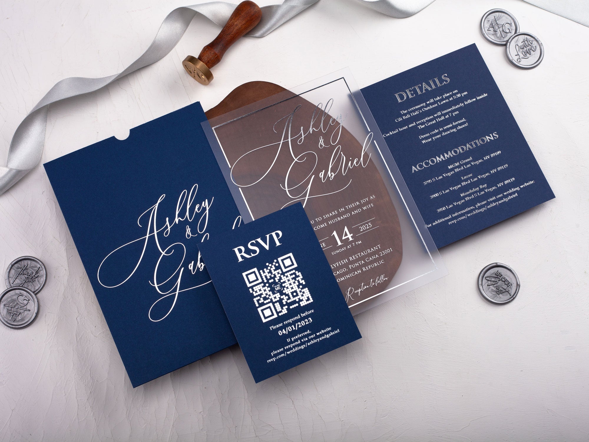 Modern navy blue and silver foil wedding invitation with RSVP cards