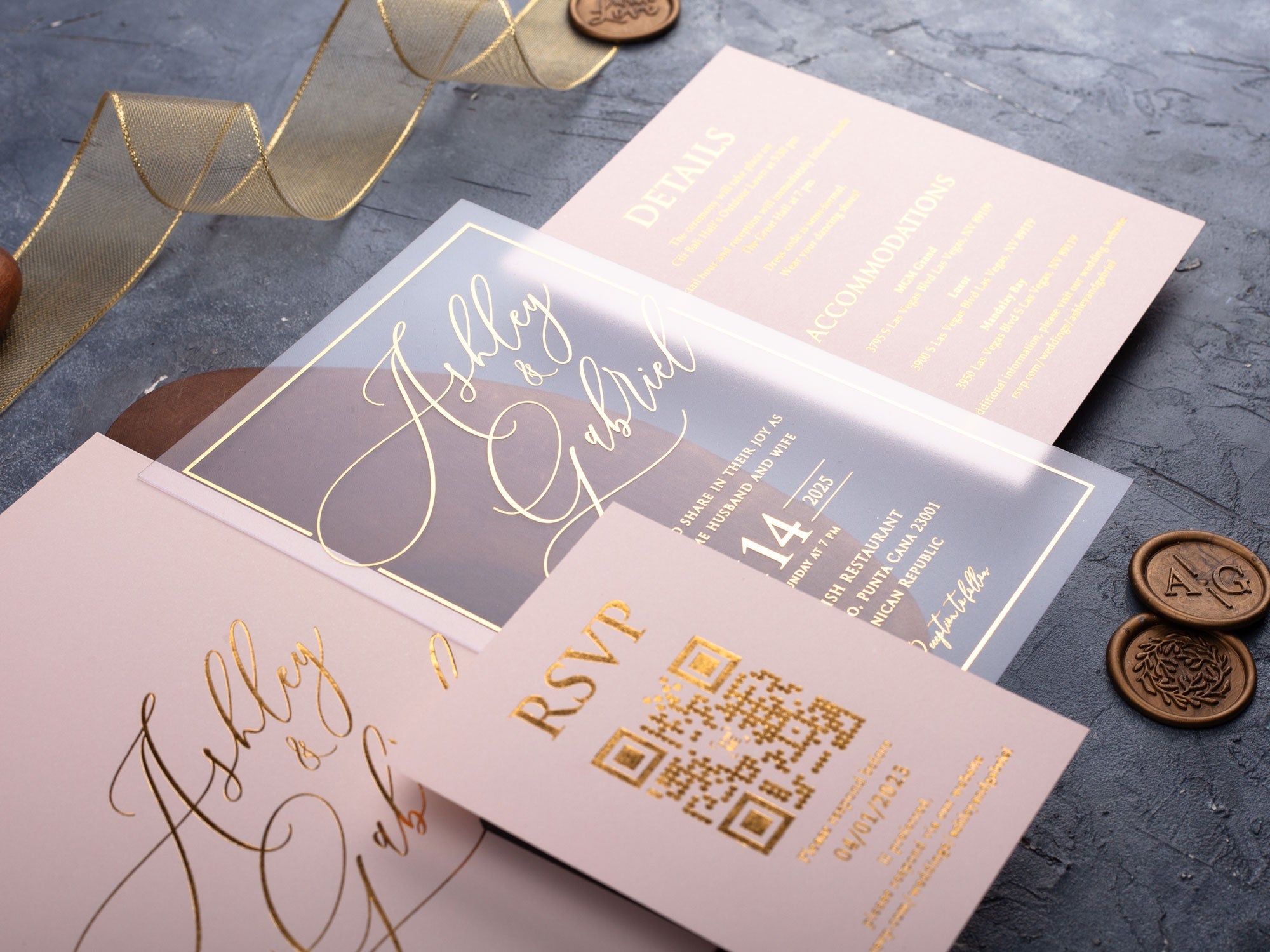 Blush pink and gold wedding invitation with a luxrury design