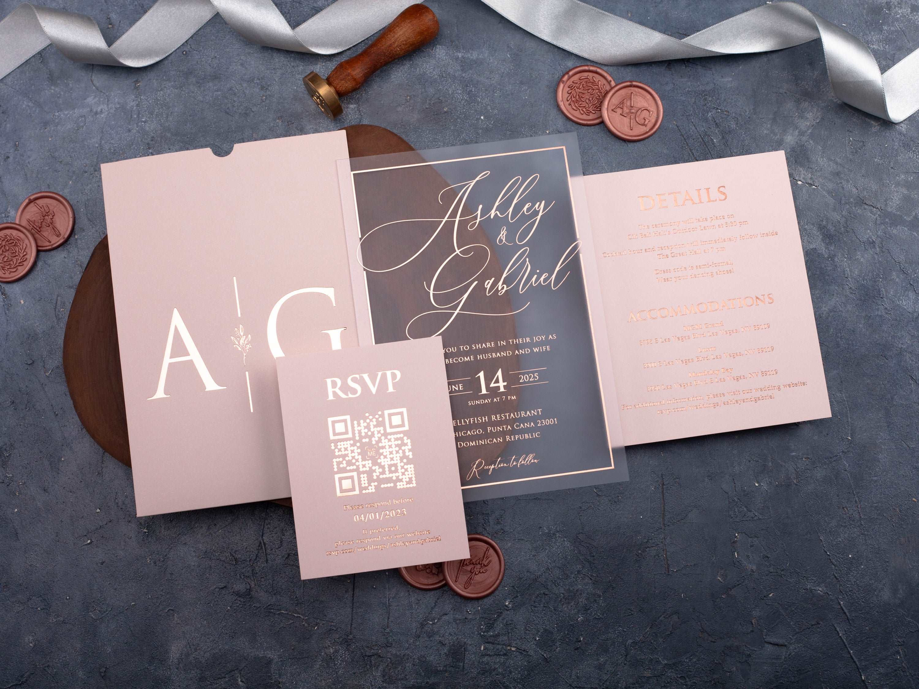 Elegant Pink and Rose Gold Acrylic Wedding Invitation Set