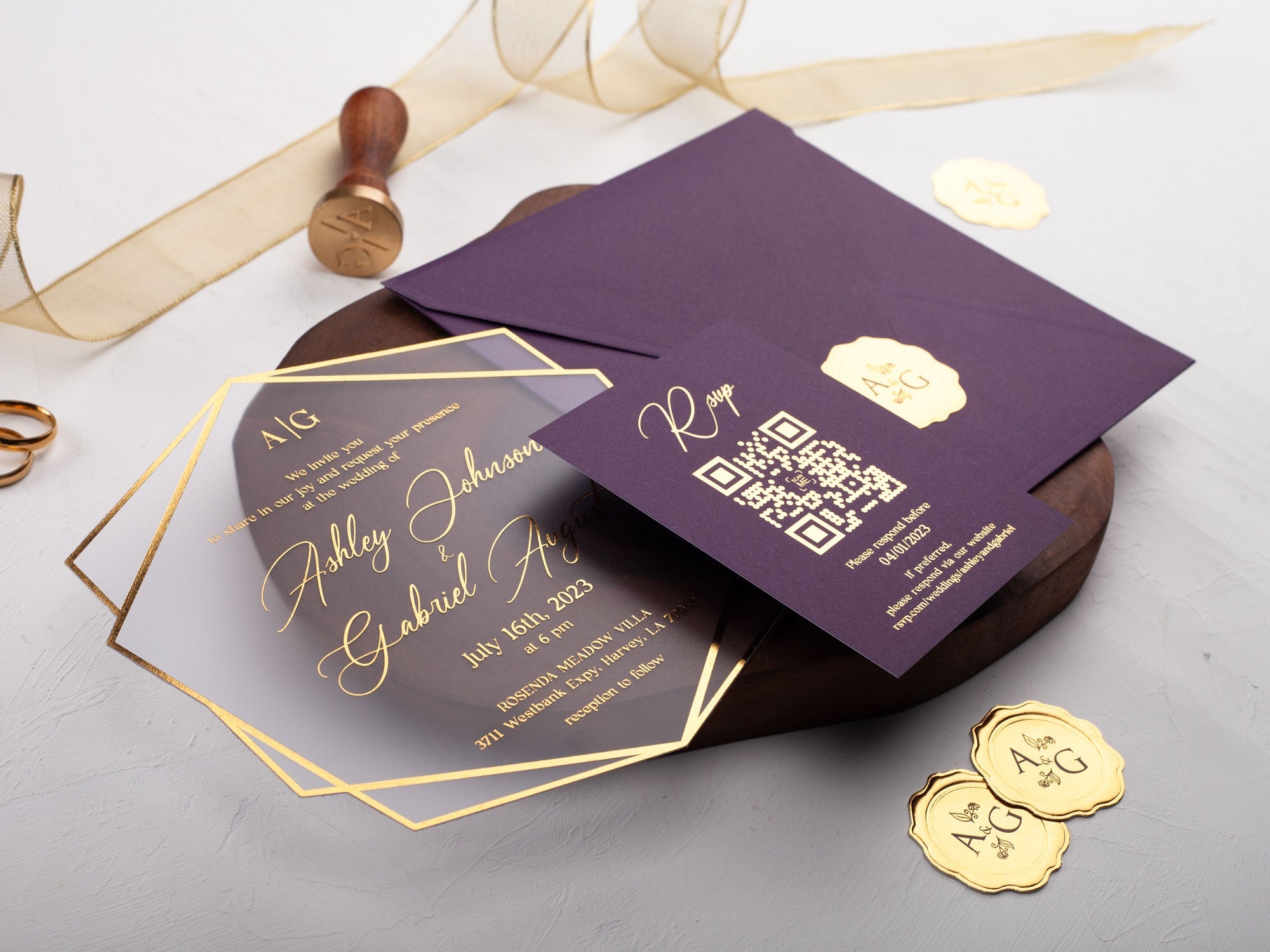 Modern purple and gold foil wedding invitation with minimalist design