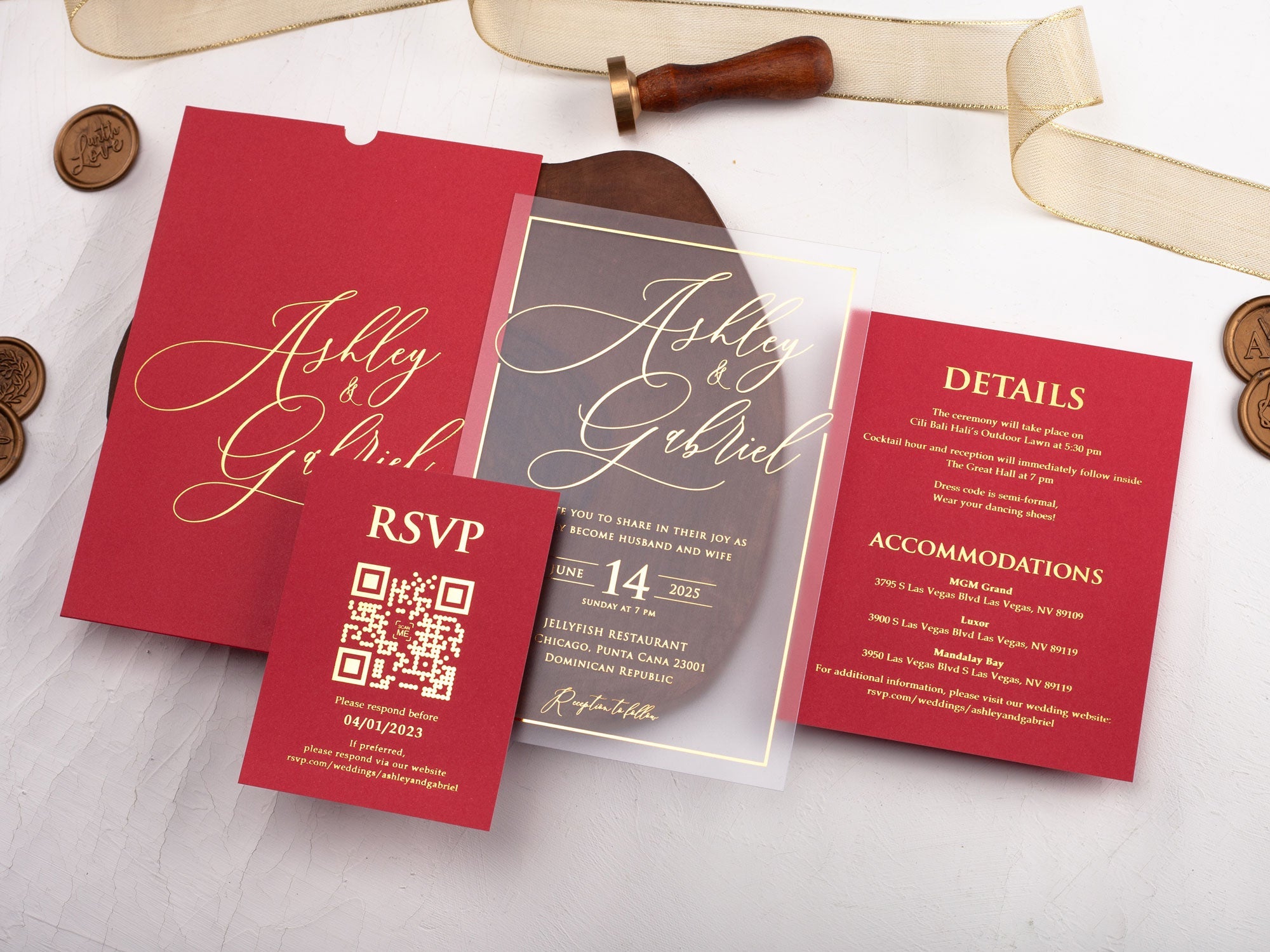 Modern red and gold foil wedding invitation with minimalist design