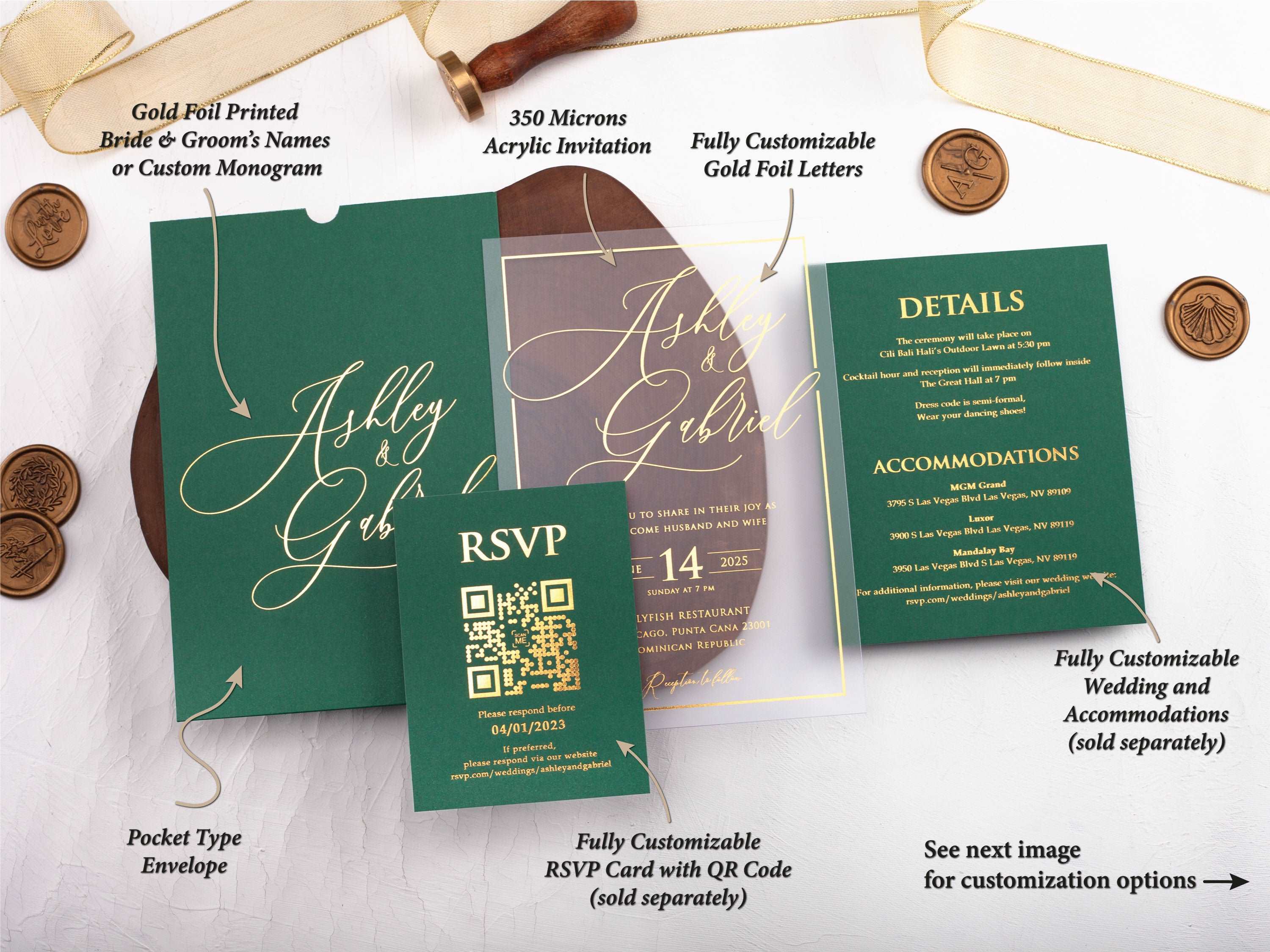 Emerald Green Acrylic Wedding Invitation with Gold Foil Print