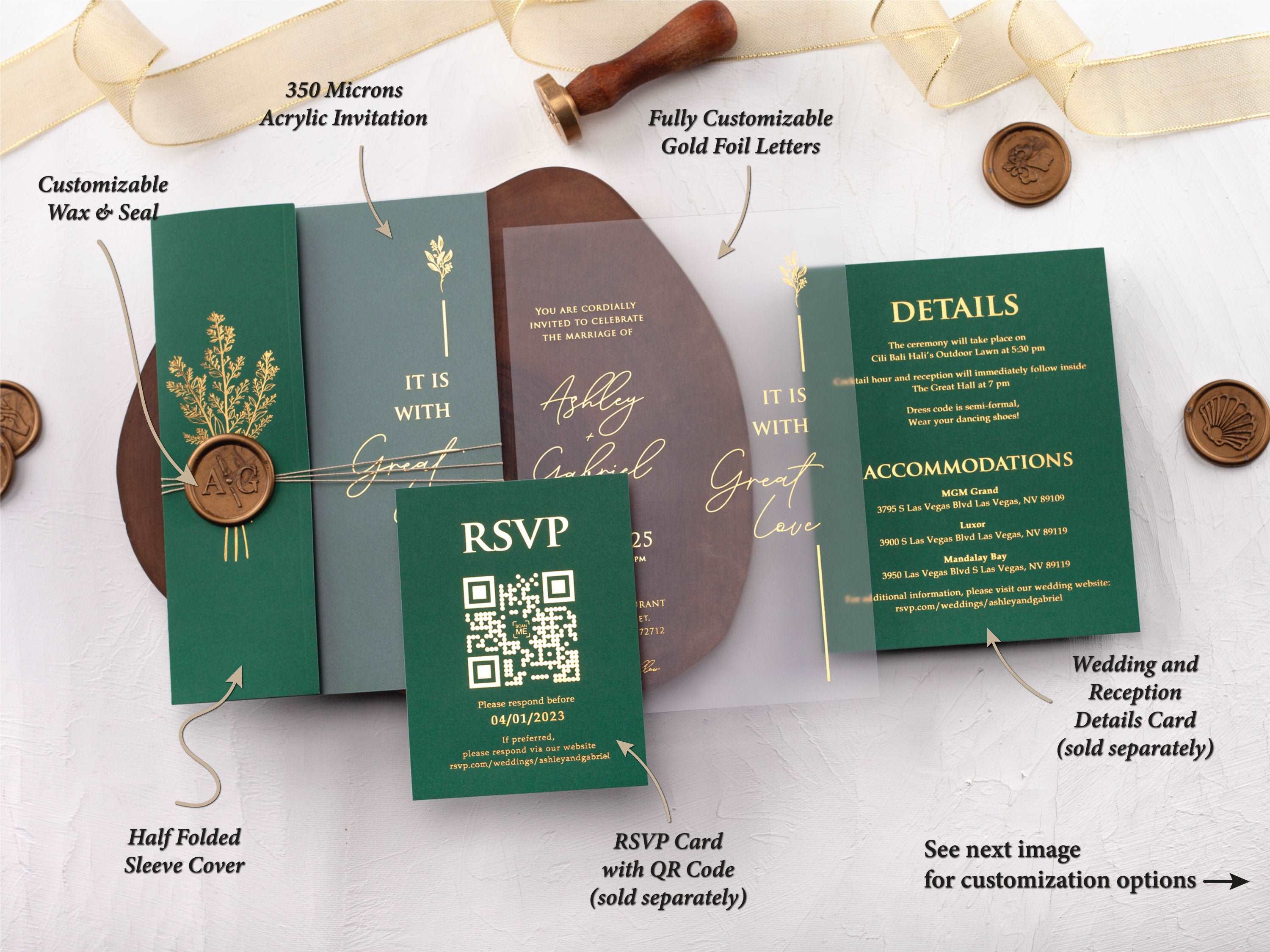 Emerald Green Folded Jacket with Gold Foil Printed Acrylic Invitation