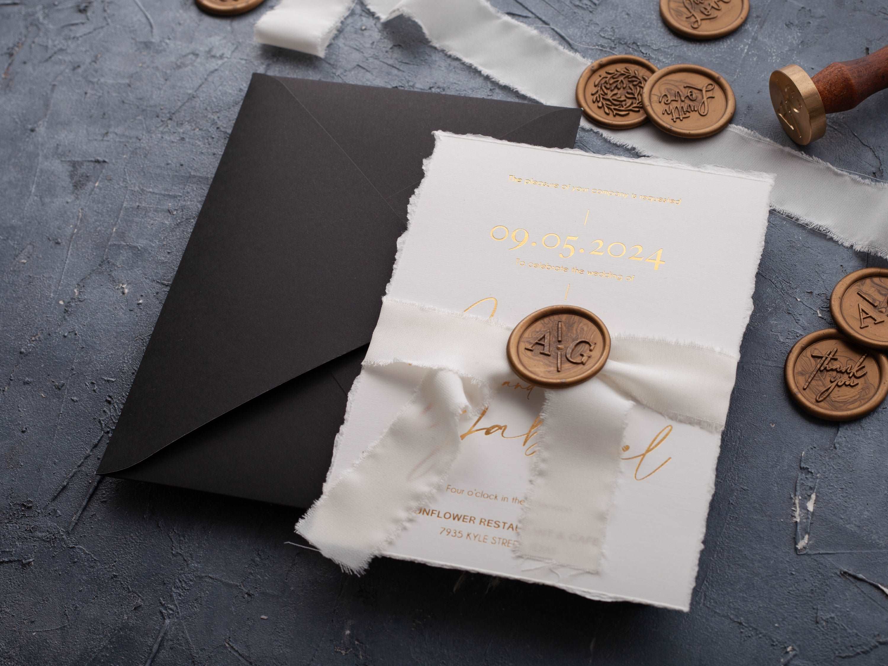 Deckled Edge and Gold Foil Printed Wedding Invite