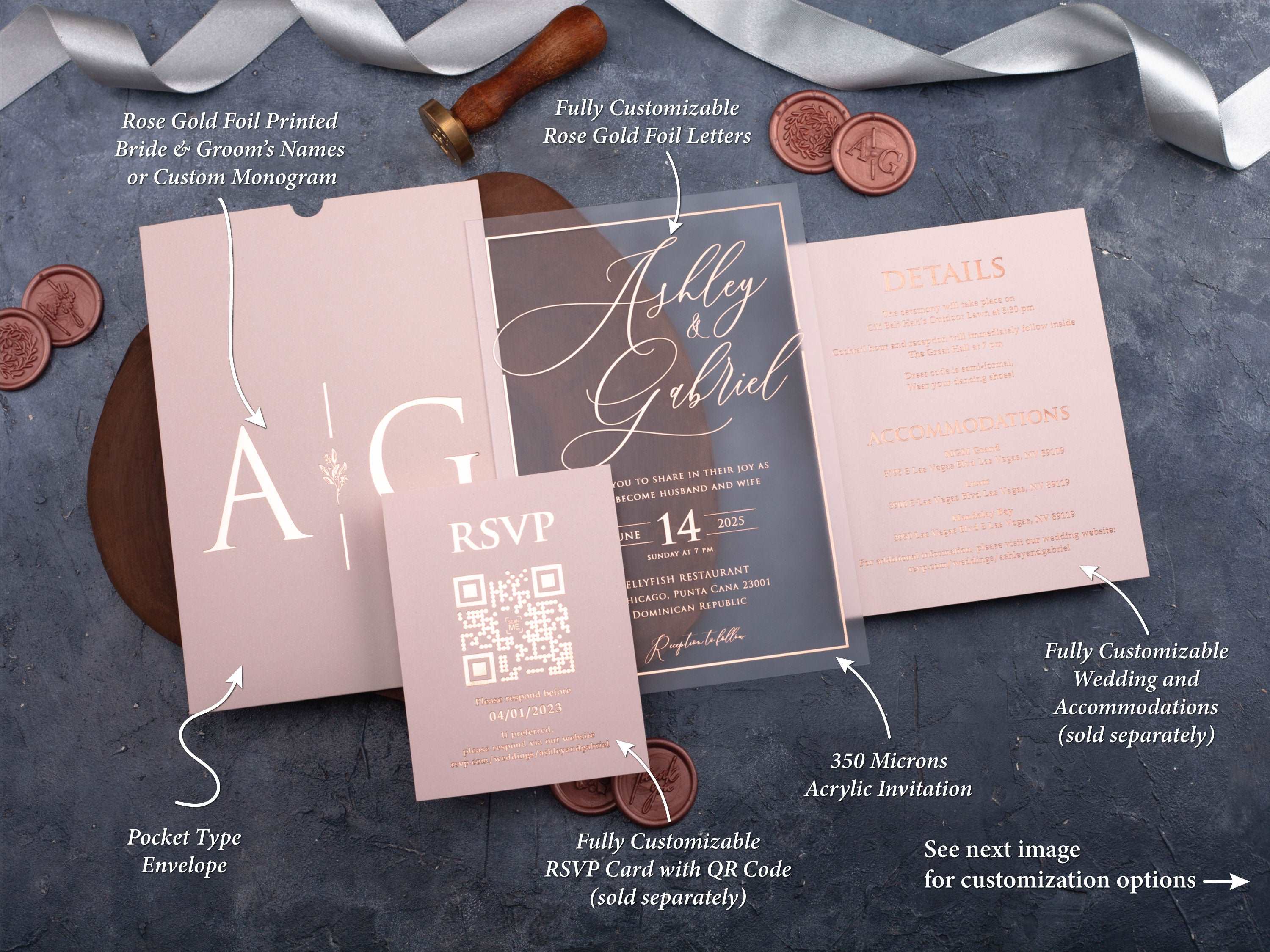Blush Pink and Rose Gold Acrylic Wedding Invitation