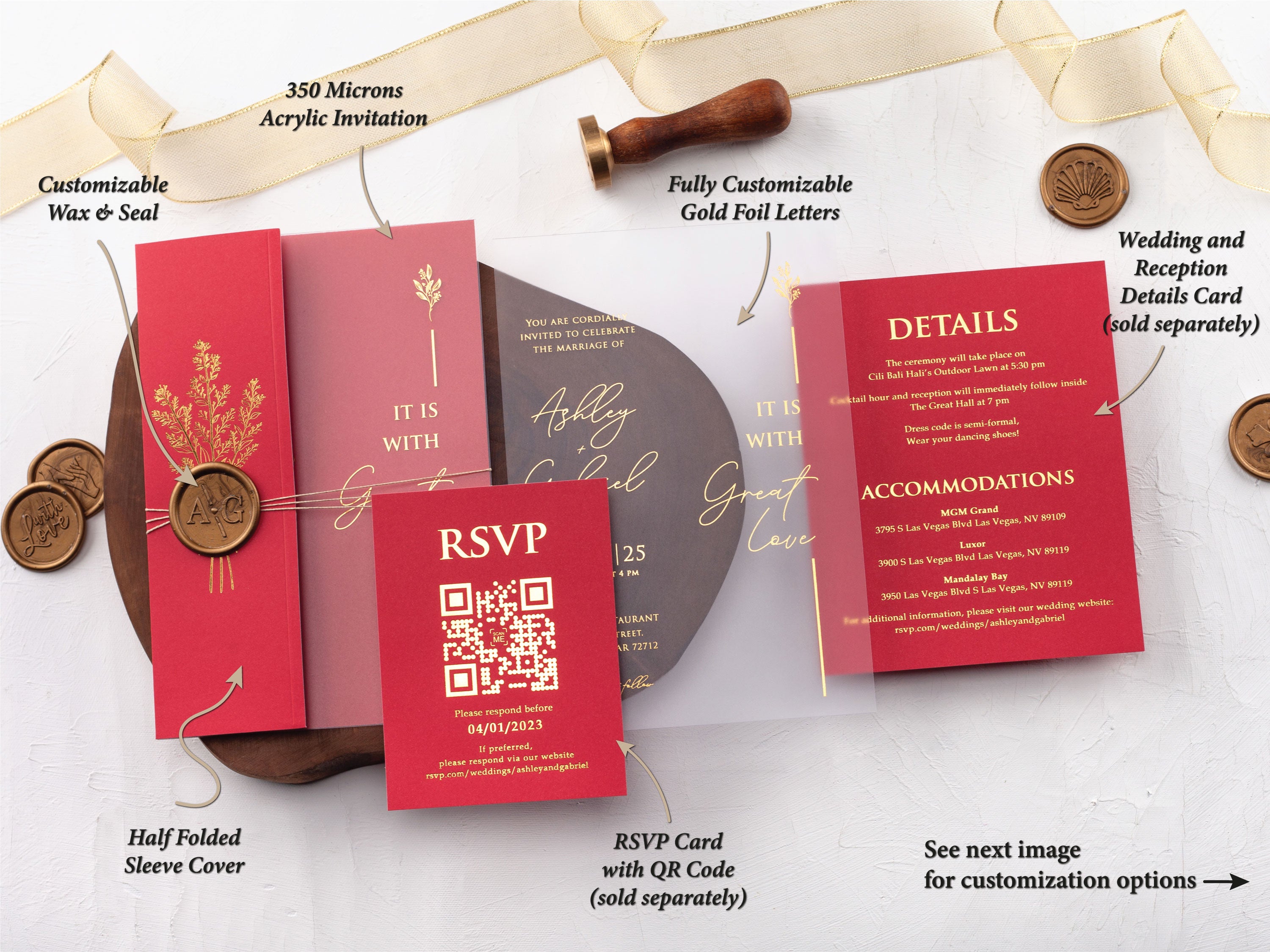 Red and Gold Acrylic Invitation with Folded Jacket