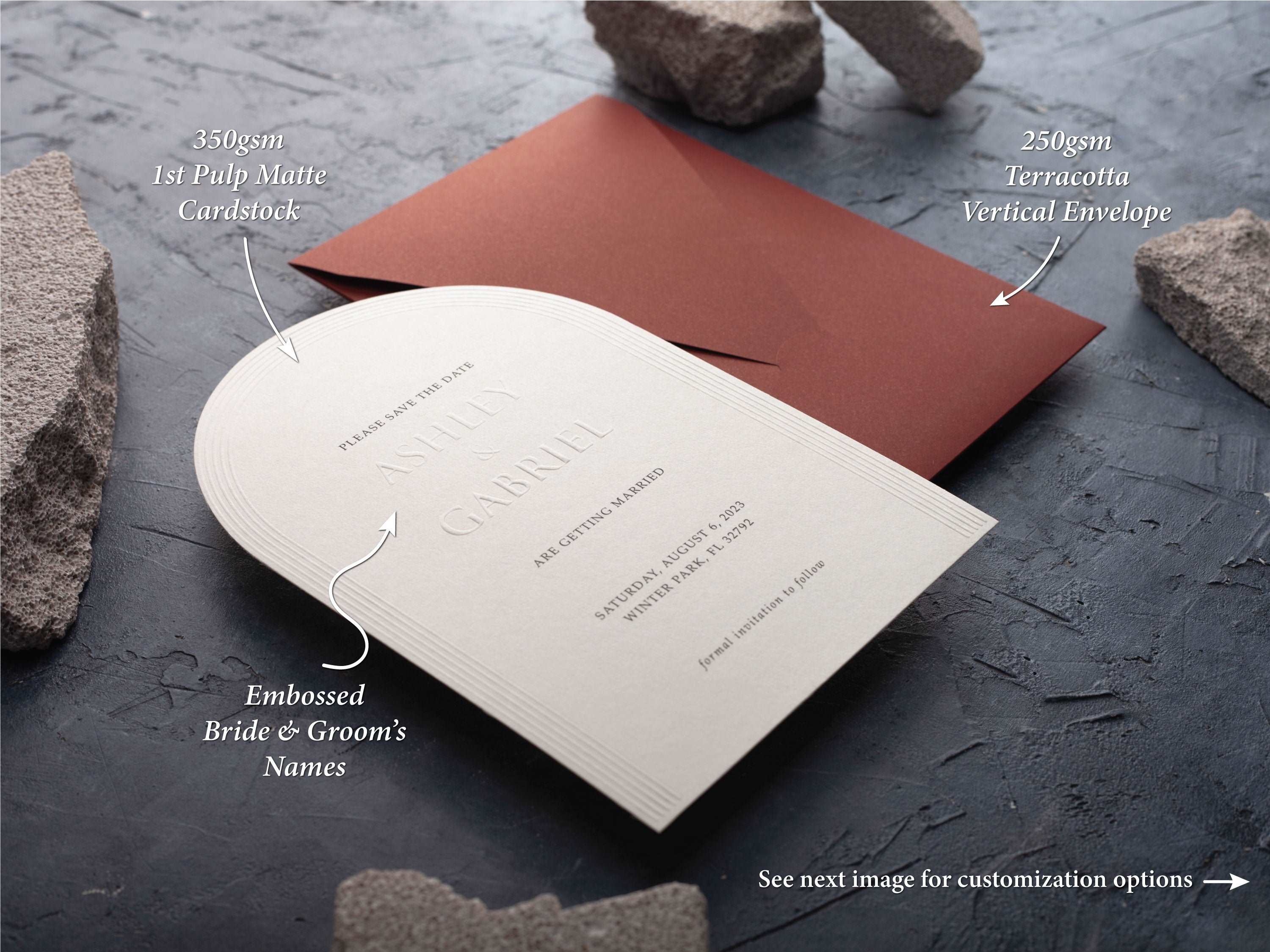 Arch Embossed Save the Date with Terracotta Envelope