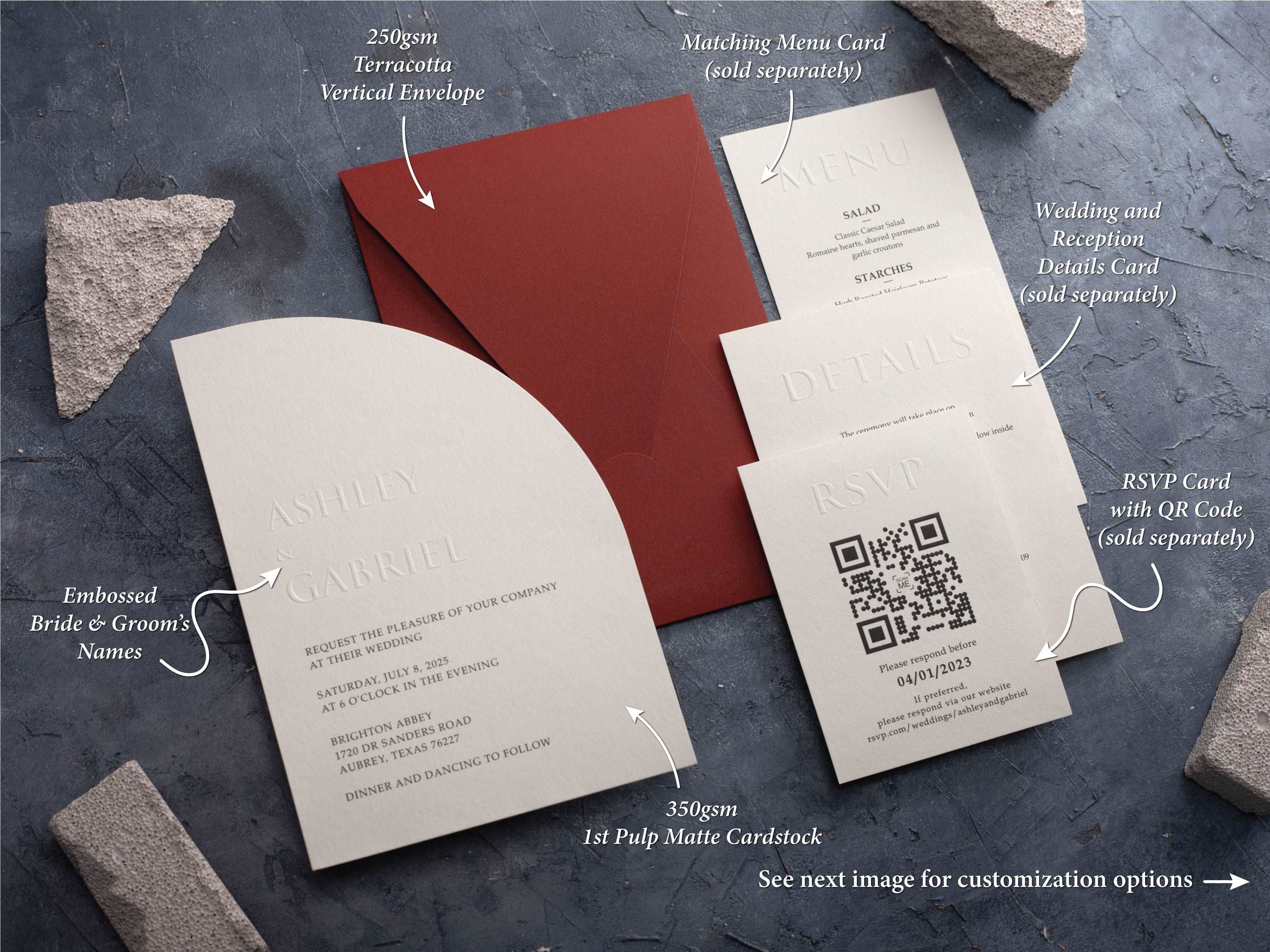 Half Arch Embossed Wedding Invitation with Terracotta Envelope