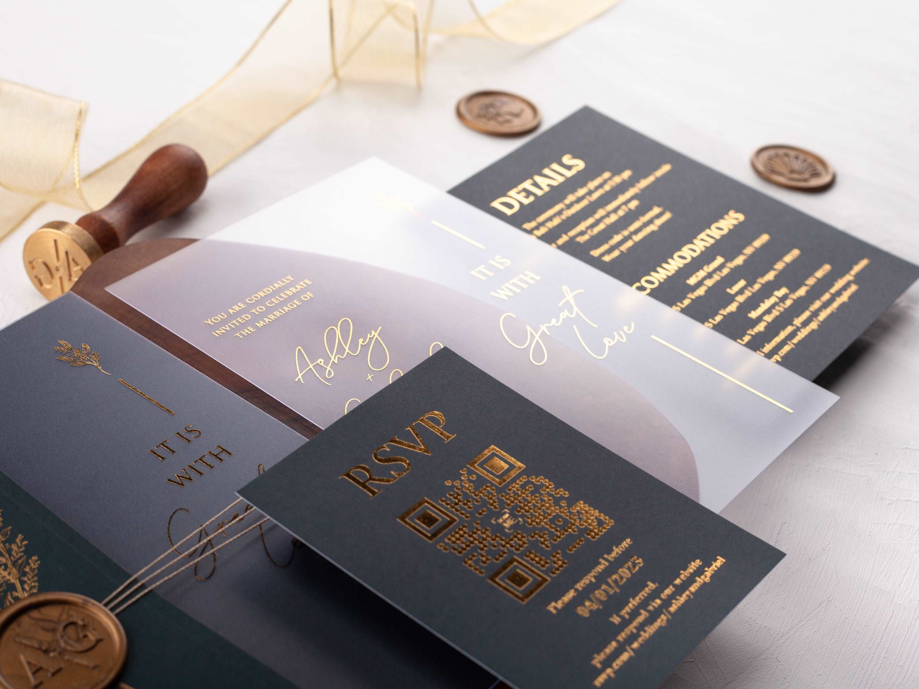 Acrylic Invitation with Gold Foil and Dark Green Folded Jacket