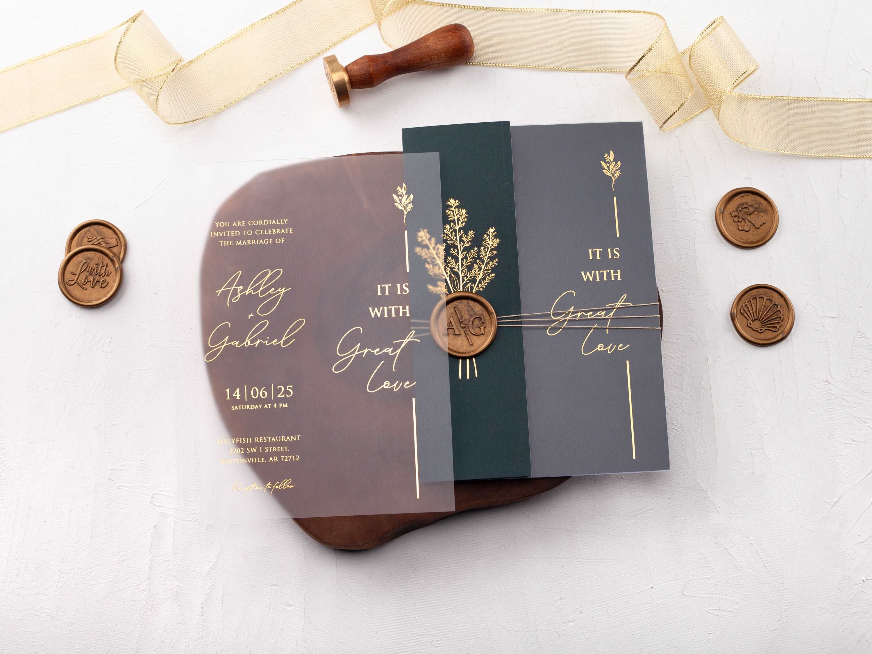 Acrylic Invitation with Gold Foil and Dark Green Folded Jacket