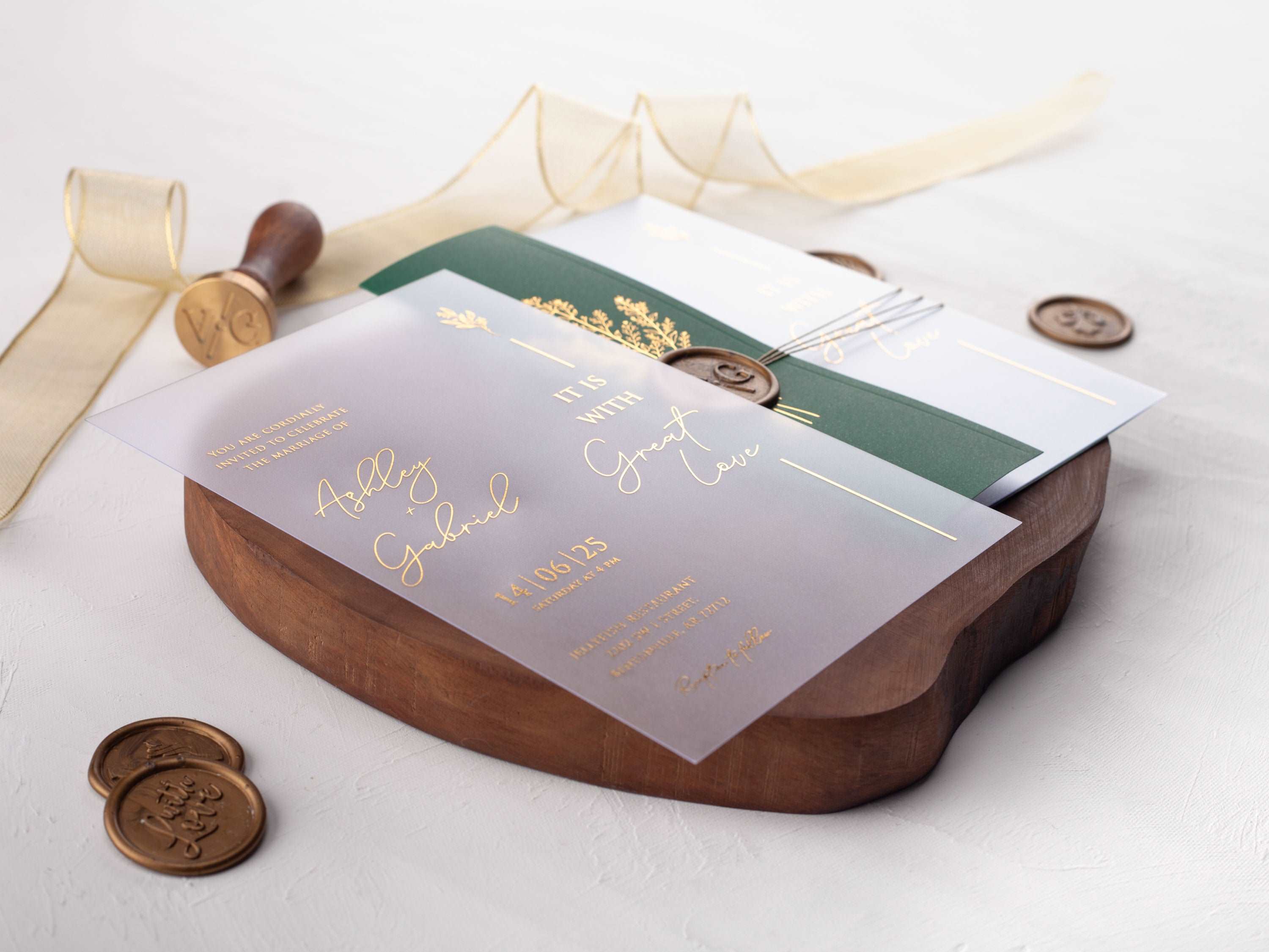 Emerald Green Folded Jacket with Gold Foil Printed Acrylic Invitation