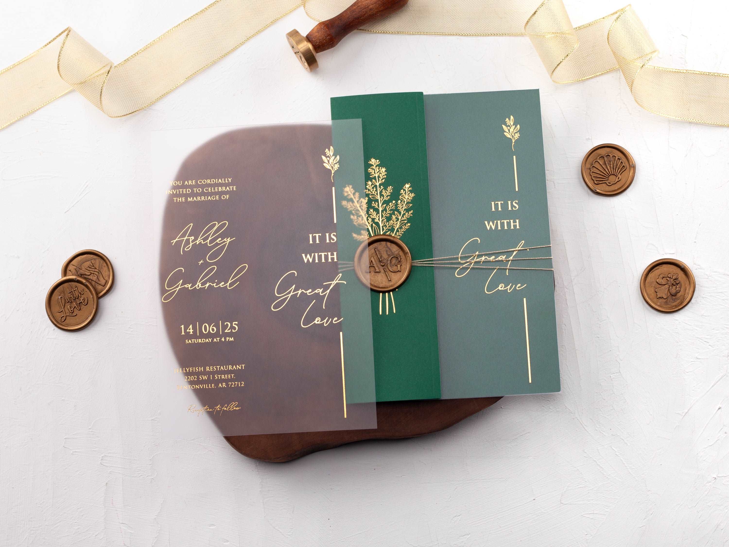 Emerald Green Folded Jacket with Gold Foil Printed Acrylic Invitation