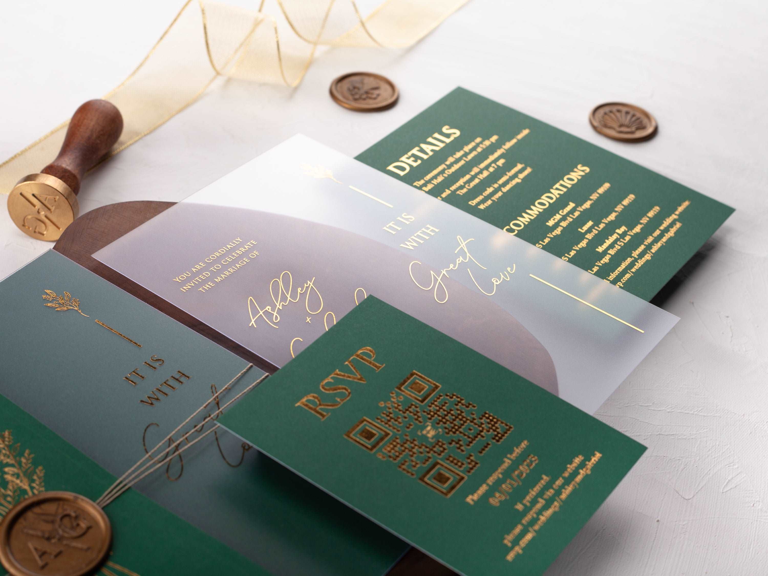 Emerald Green Folded Jacket with Gold Foil Printed Acrylic Invitation