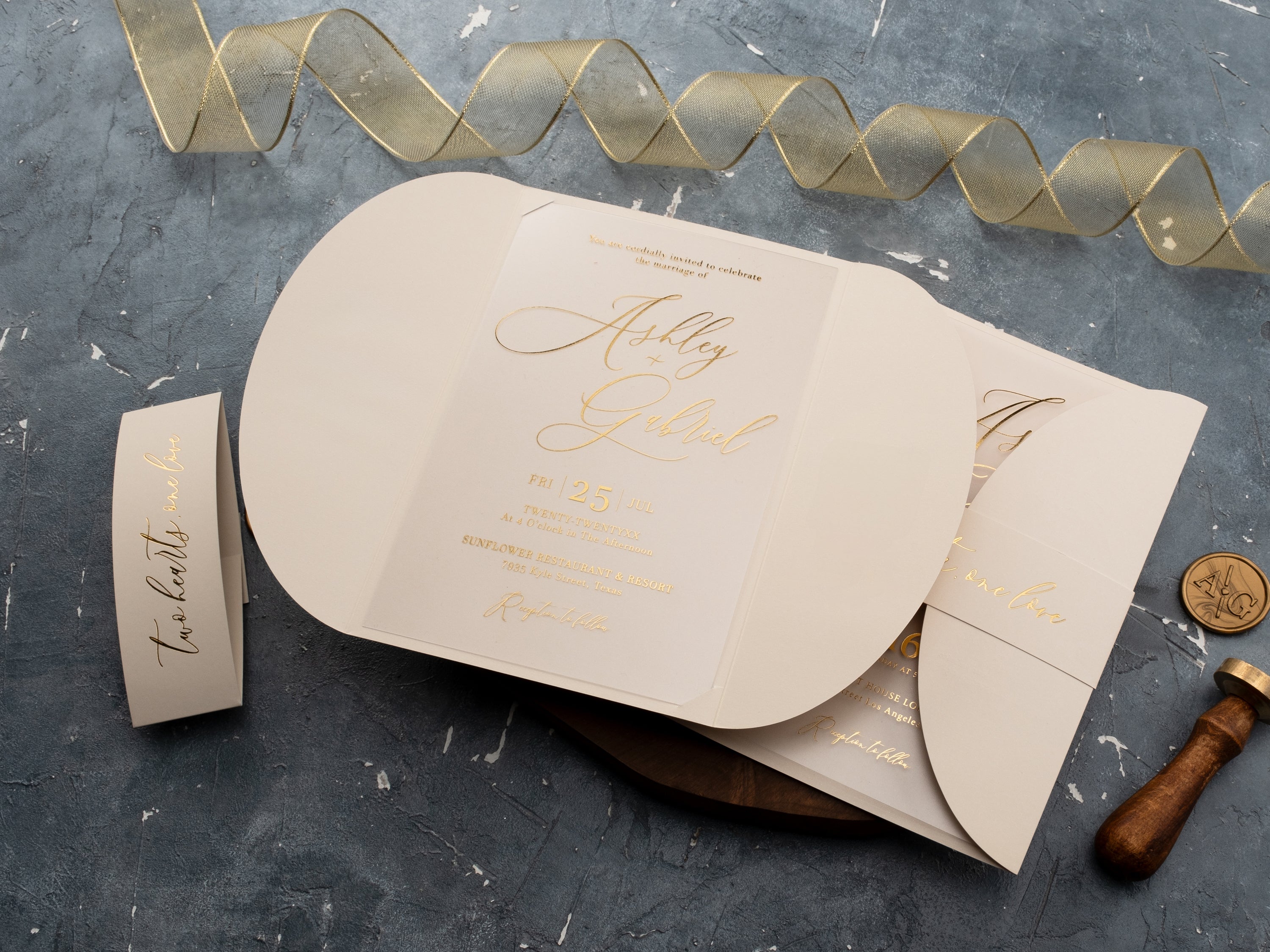 Luxury Acrylic Wedding Invitation with Gold Foil and Ivory Gatefold Jacket