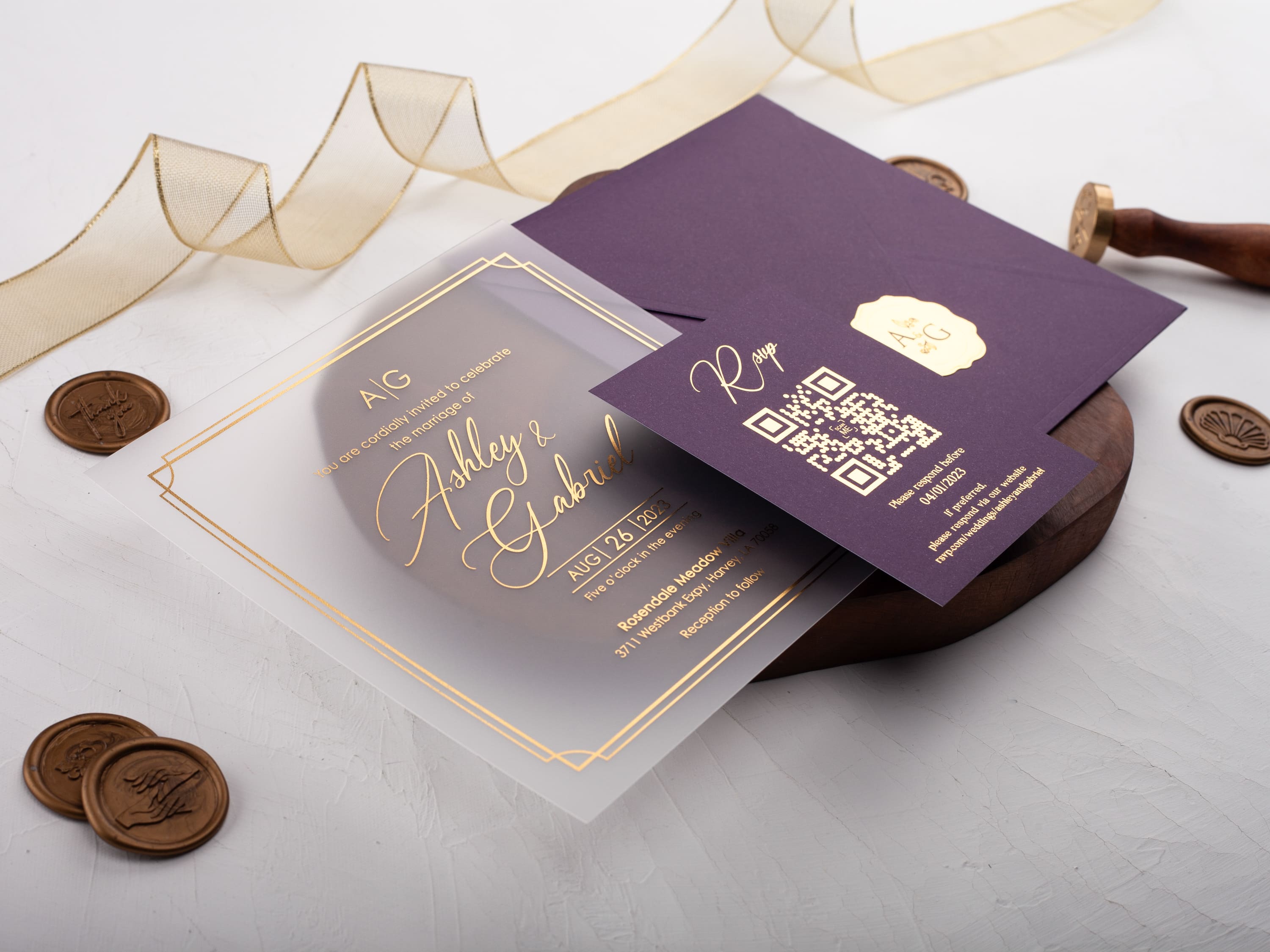 Acrylic Wedding Invitation with Gold Foil and Purple Envelope