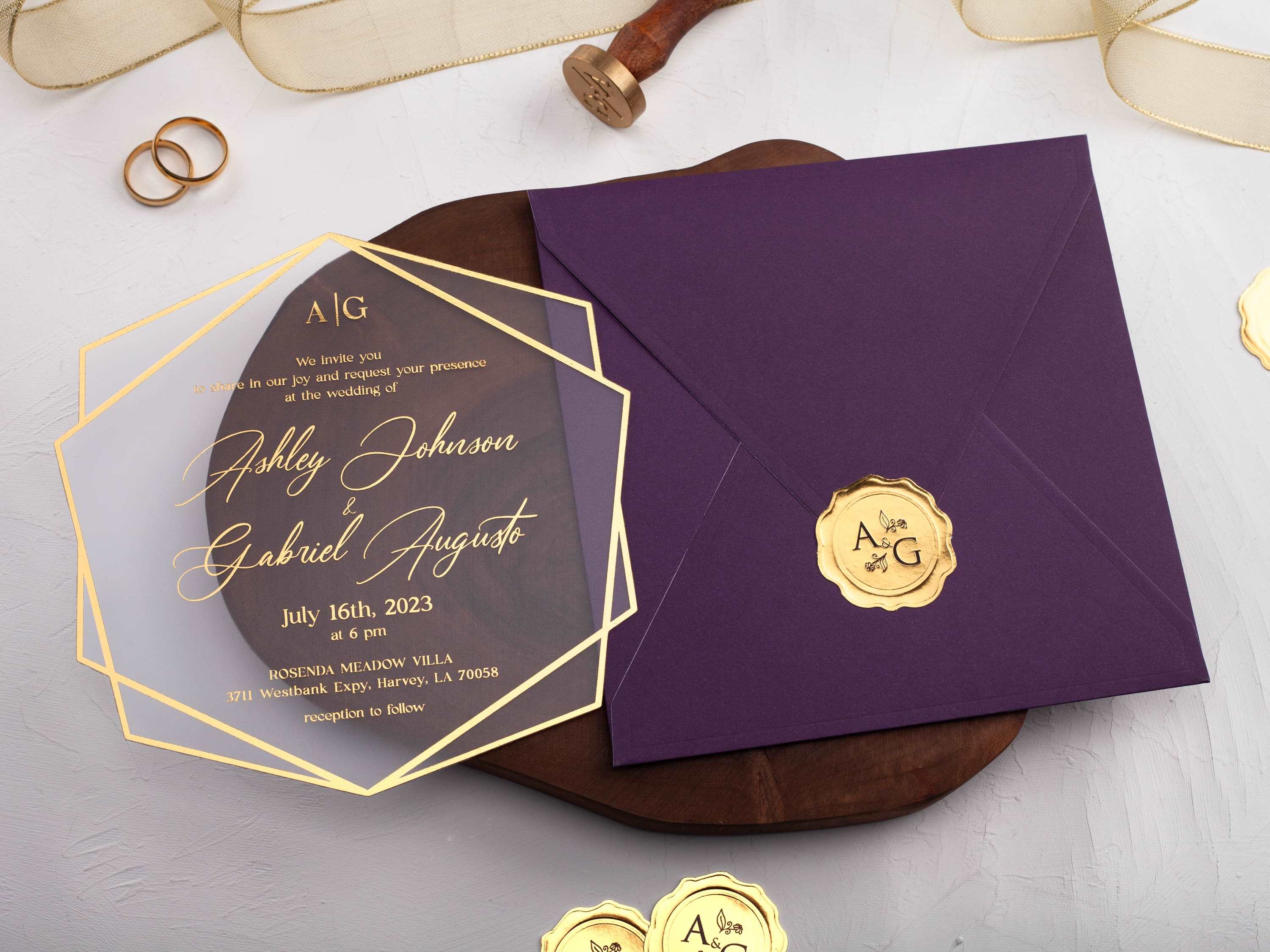 Acrylic Wedding Invitation with Purple Envelope and Gold Foil