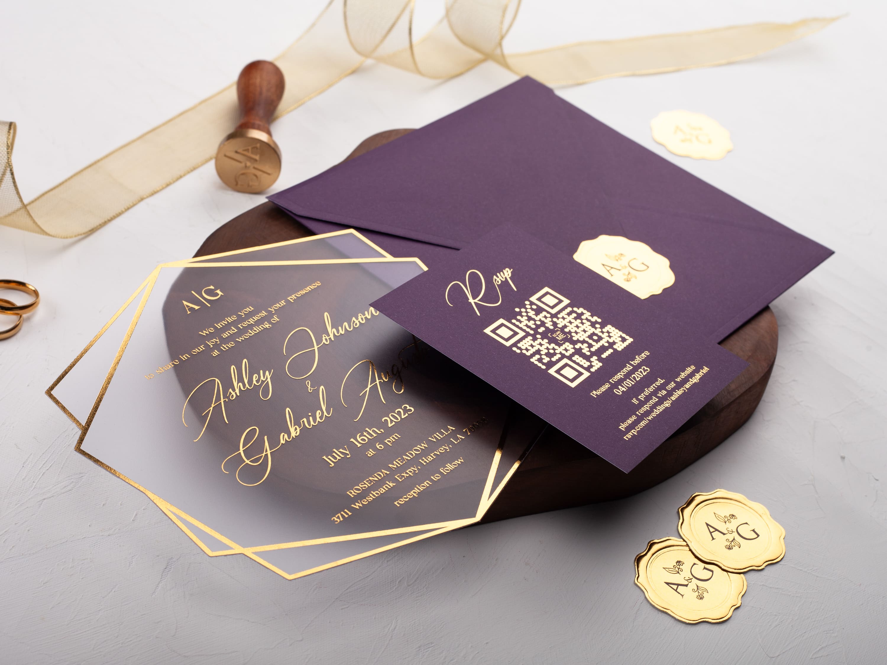 Acrylic Wedding Invitation with Purple Envelope and Gold Foil