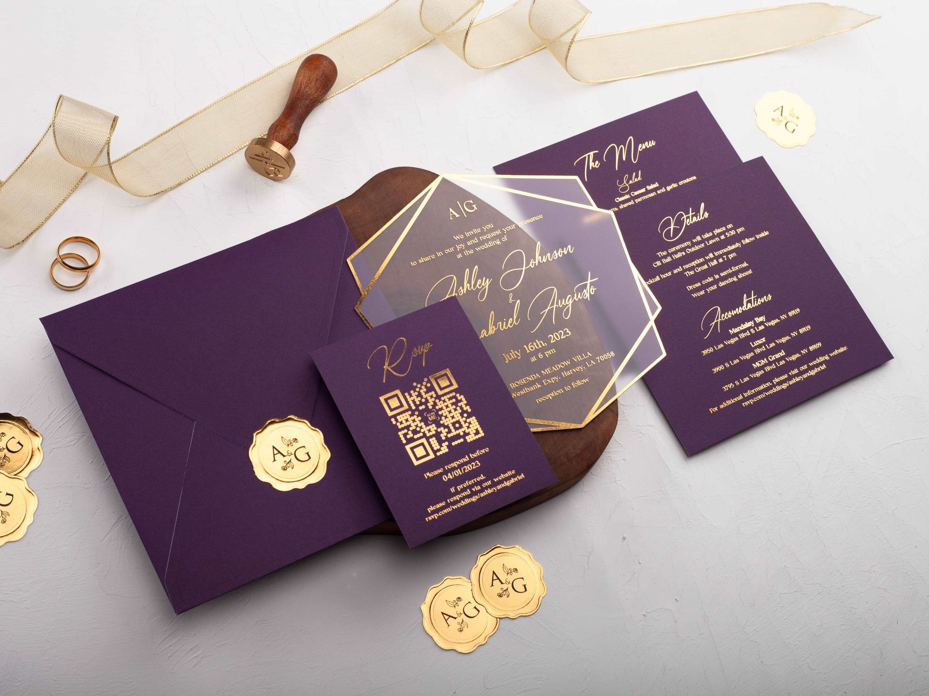 Acrylic Wedding Invitation with Purple Envelope and Gold Foil