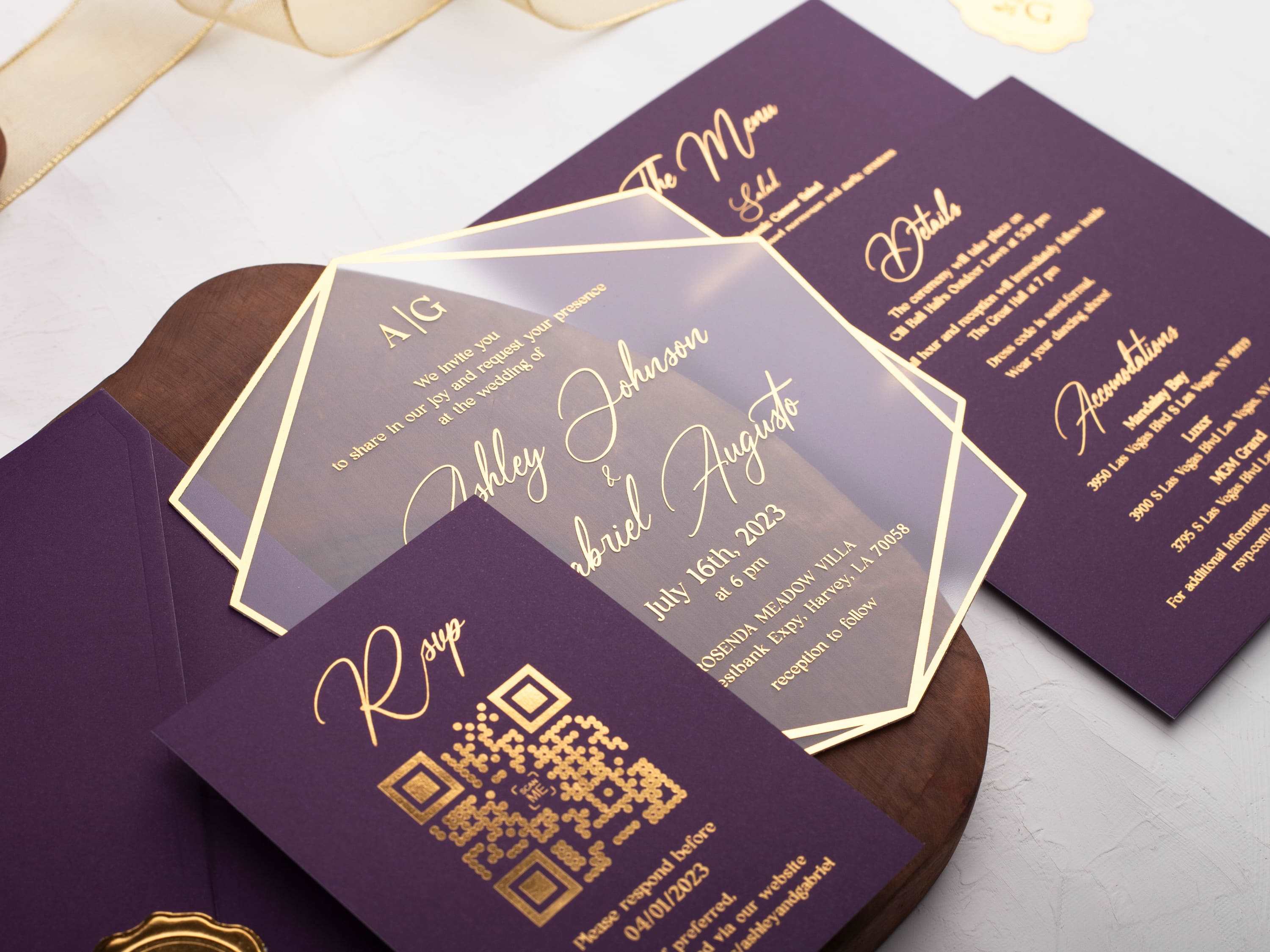 Acrylic Wedding Invitation with Purple Envelope and Gold Foil