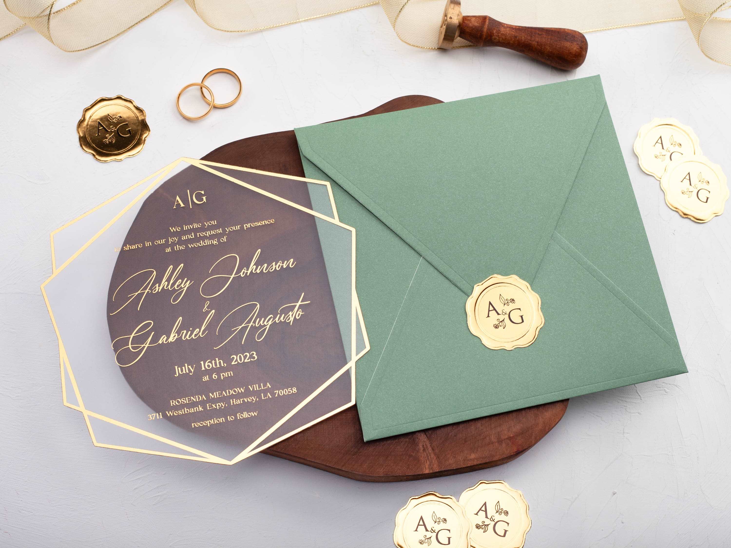 Acrylic Wedding Invitation with Sage Green and Gold Foil