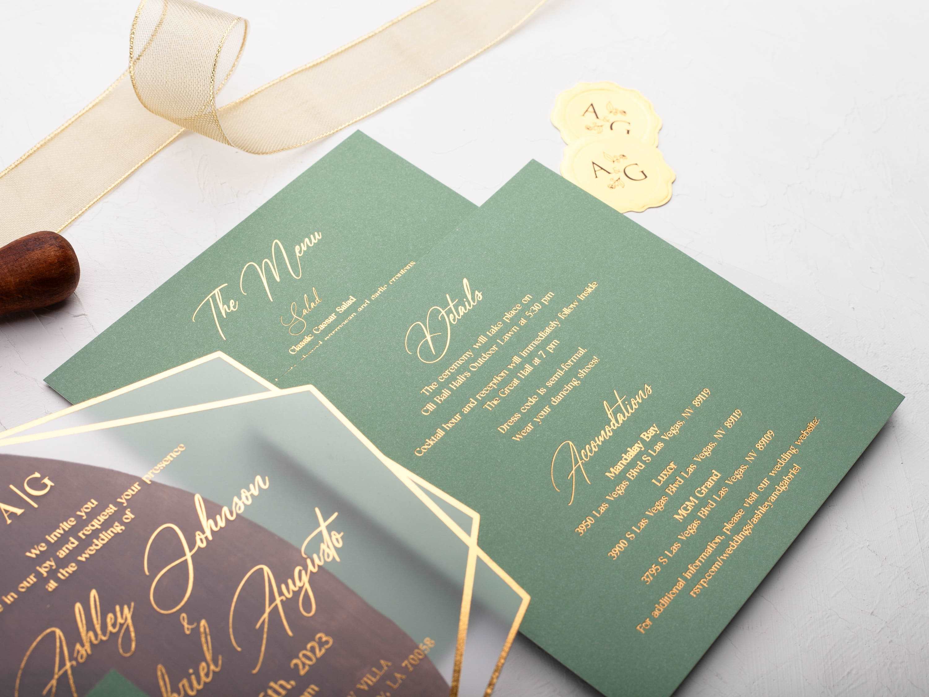 Acrylic Wedding Invitation with Sage Green and Gold Foil