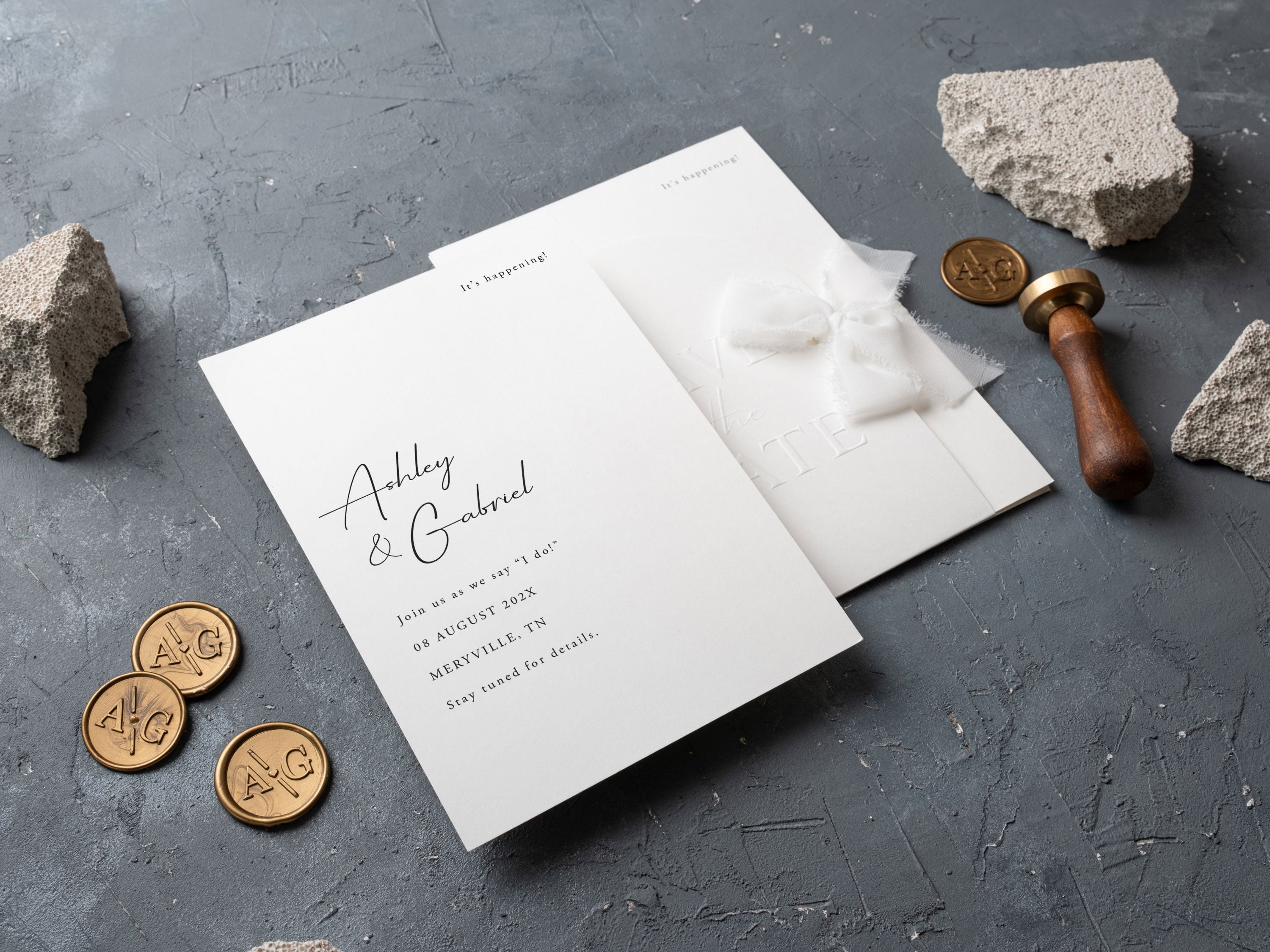 Minimalist Save the Date Cards – Embossed Modern Design with Ribbon
