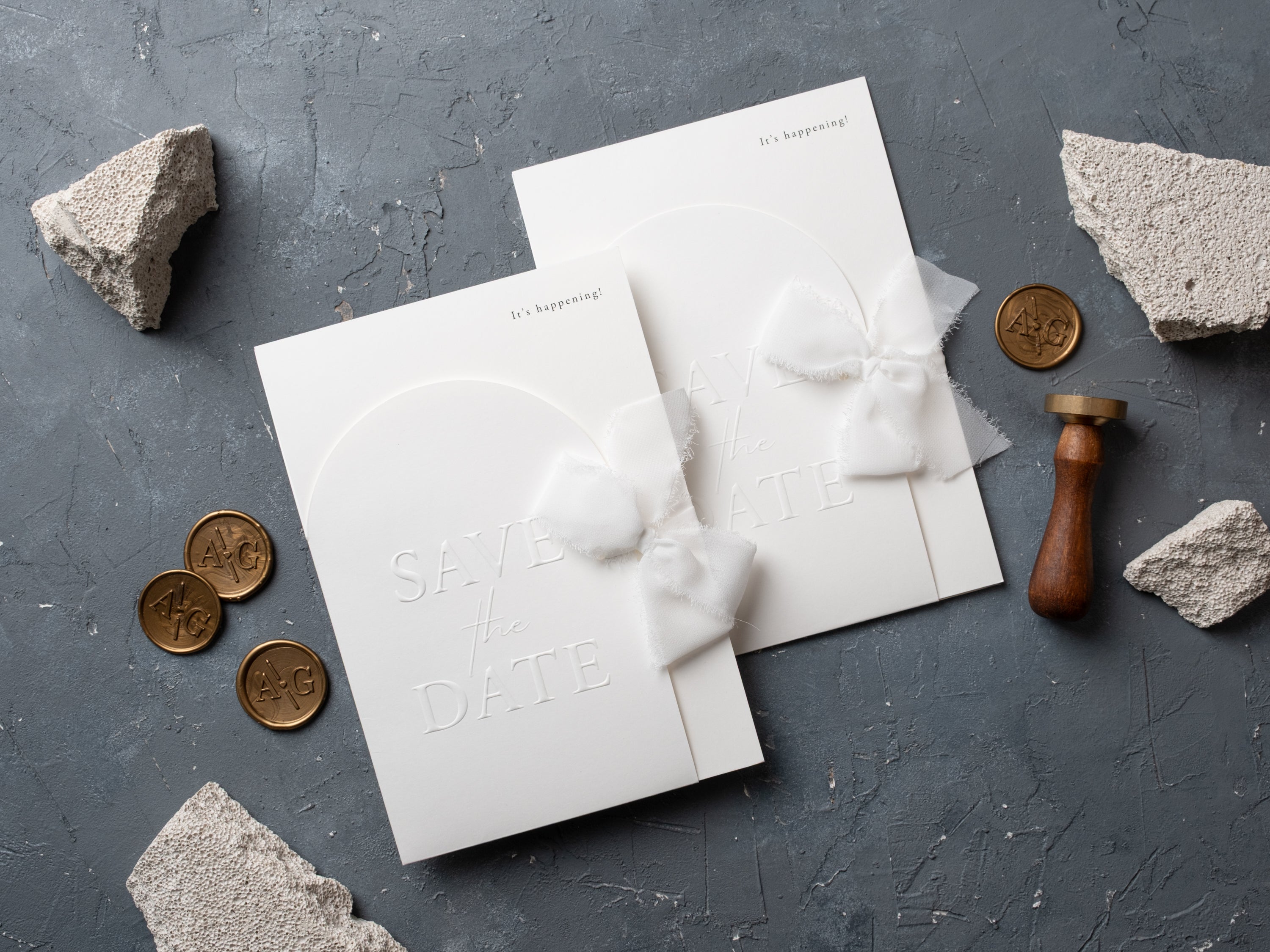 Minimalist Save the Date Cards – Embossed Modern Design with Ribbon