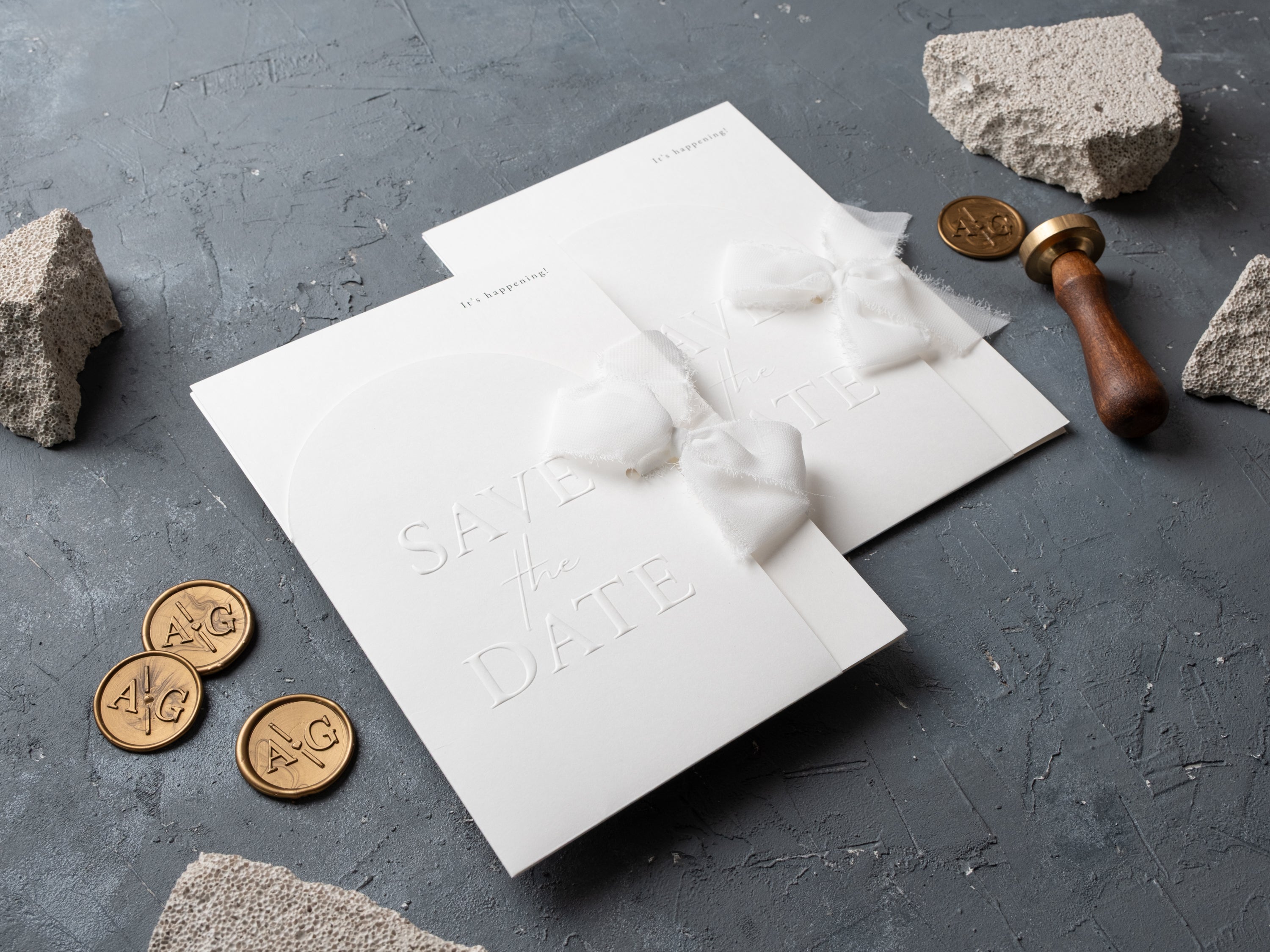 Minimalist Save the Date Cards – Embossed Modern Design with Ribbon