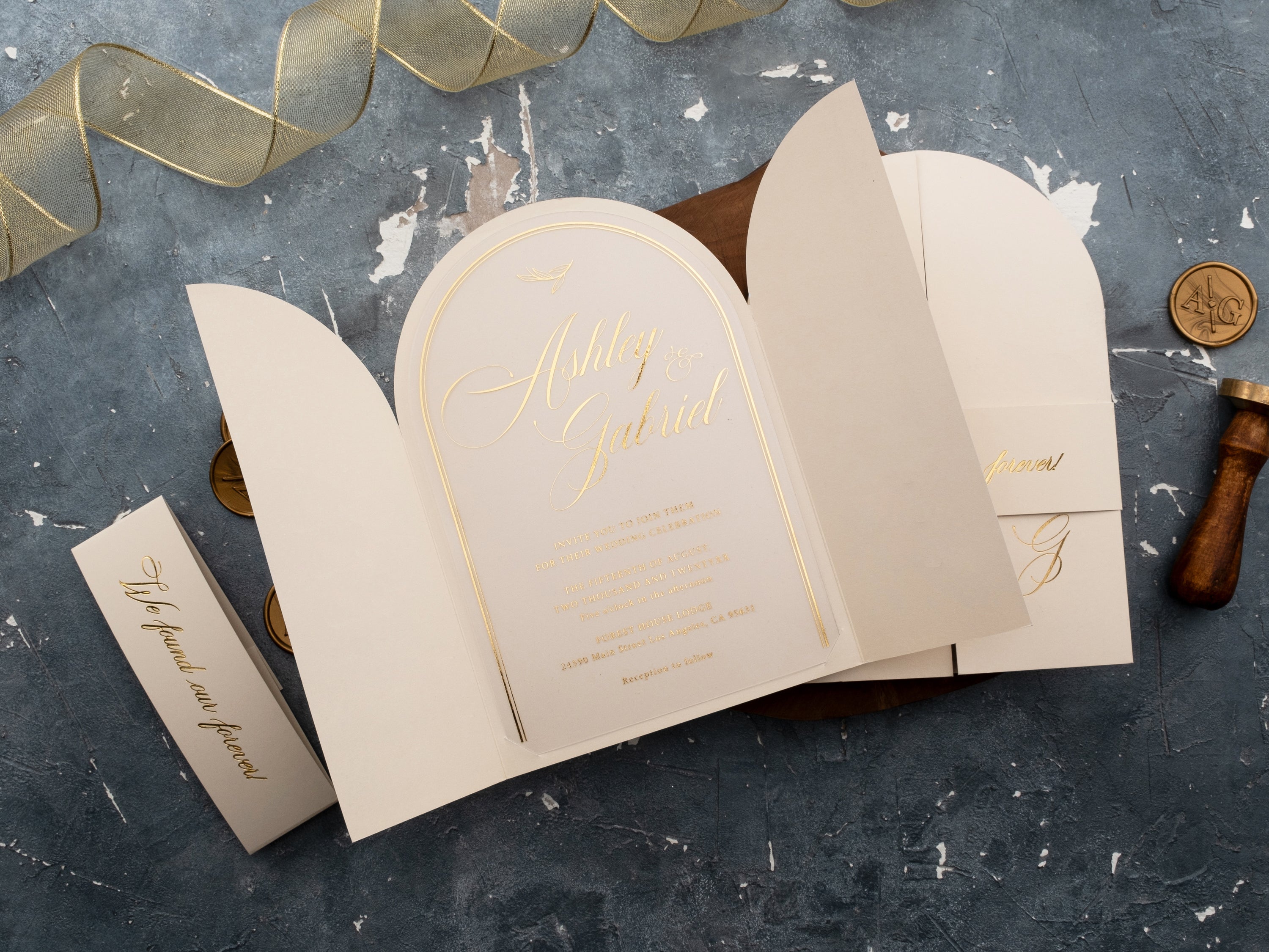 Arch Acrylic Invitation with Gold Foil Lettering and Ivory Gatefold Jacket