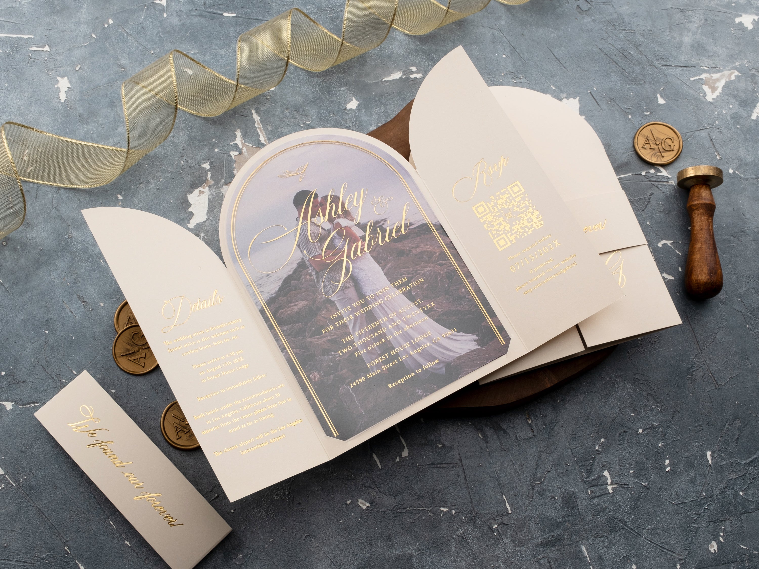 Arch Acrylic Invitation with Gold Foil Lettering and Ivory Gatefold Jacket