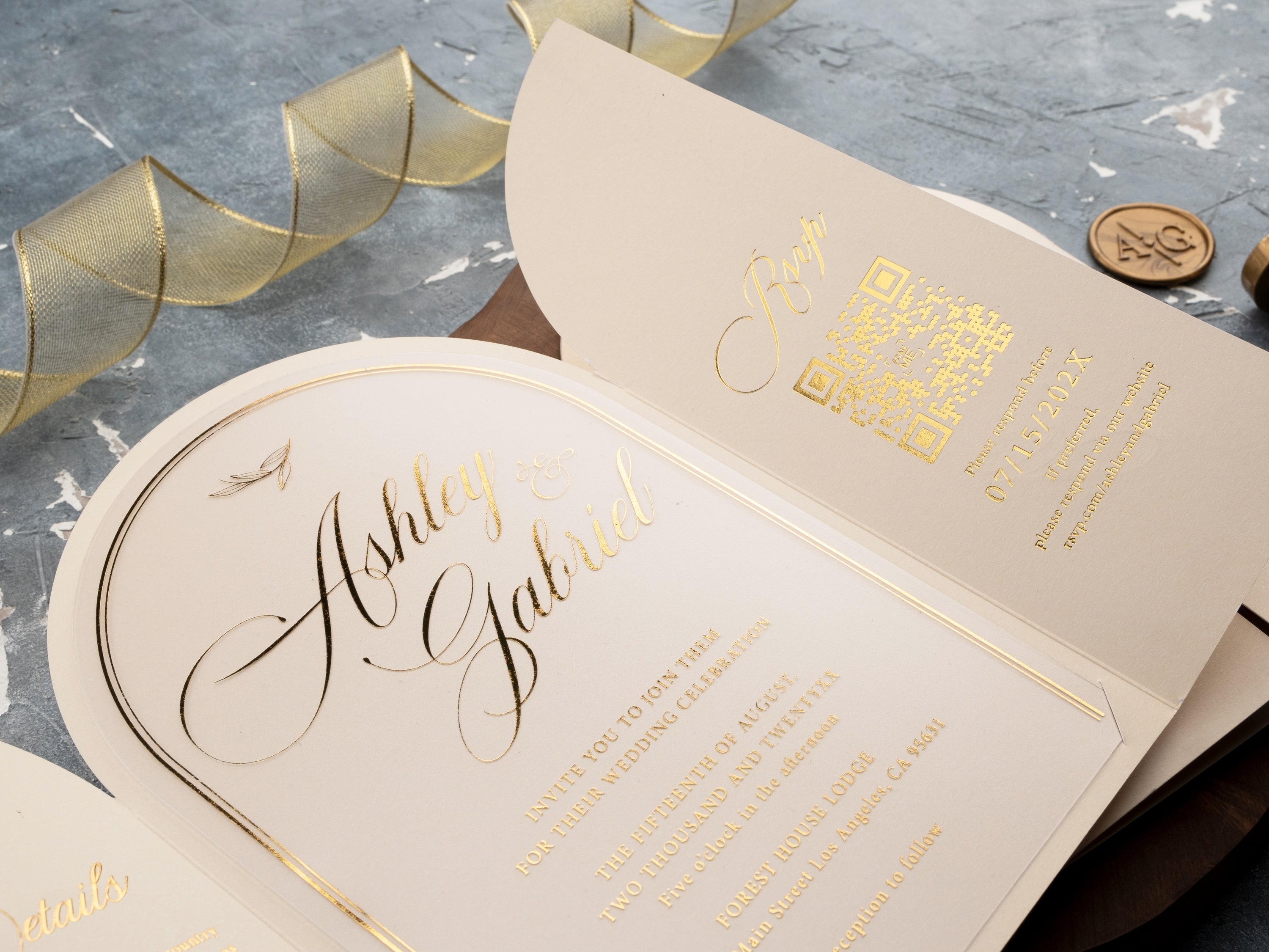 Arch Acrylic Invitation with Gold Foil Lettering and Ivory Gatefold Jacket