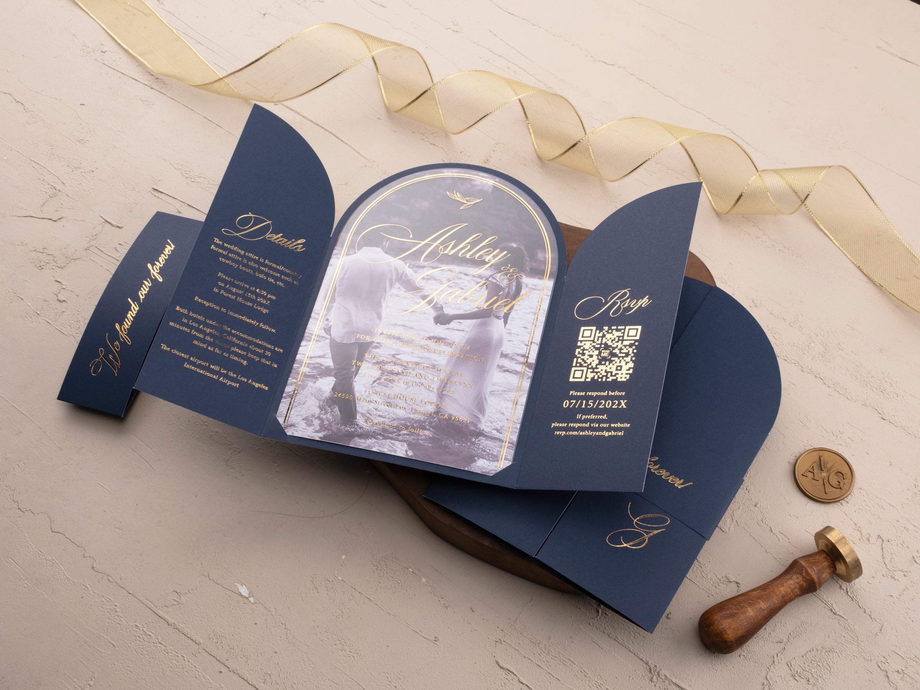 Arch Acrylic Invitation with Gold Foil Lettering and Navy Blue Gatefold Jacket