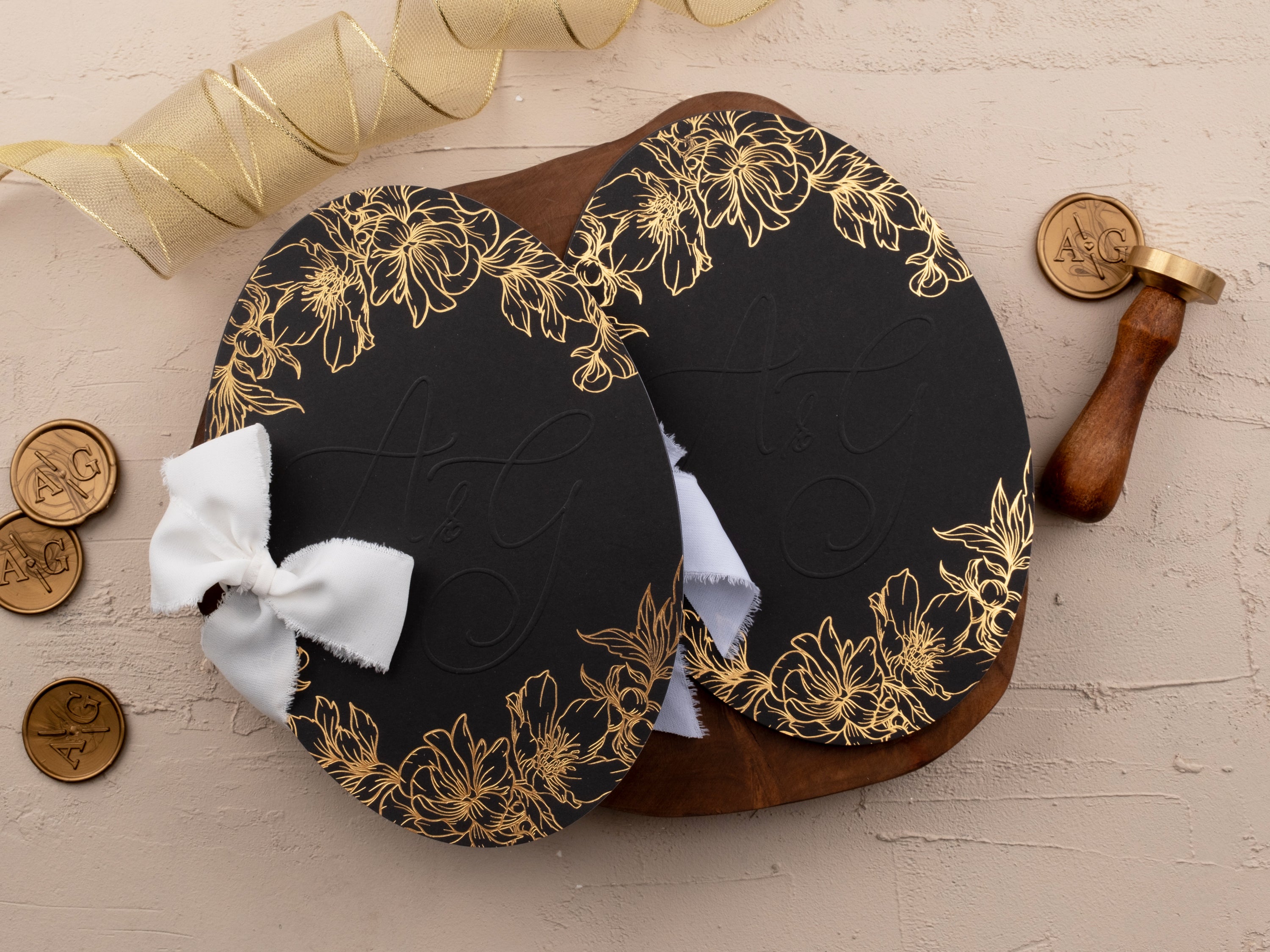 Luxury Black & Gold Wedding Invitation with Floral Foil Design